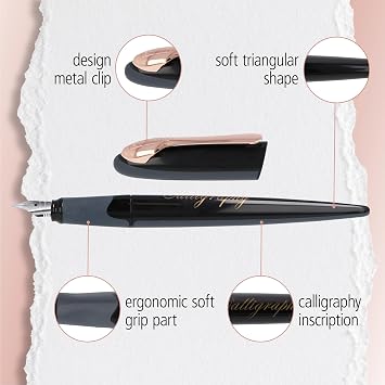 Online calligraphy fountain pen AIR black rosegold, calligraphy nib 1.4 mm, standard ink cartridges or converter, triangular shape, for fine and smooth writing, ink pen for journaling, handlettering