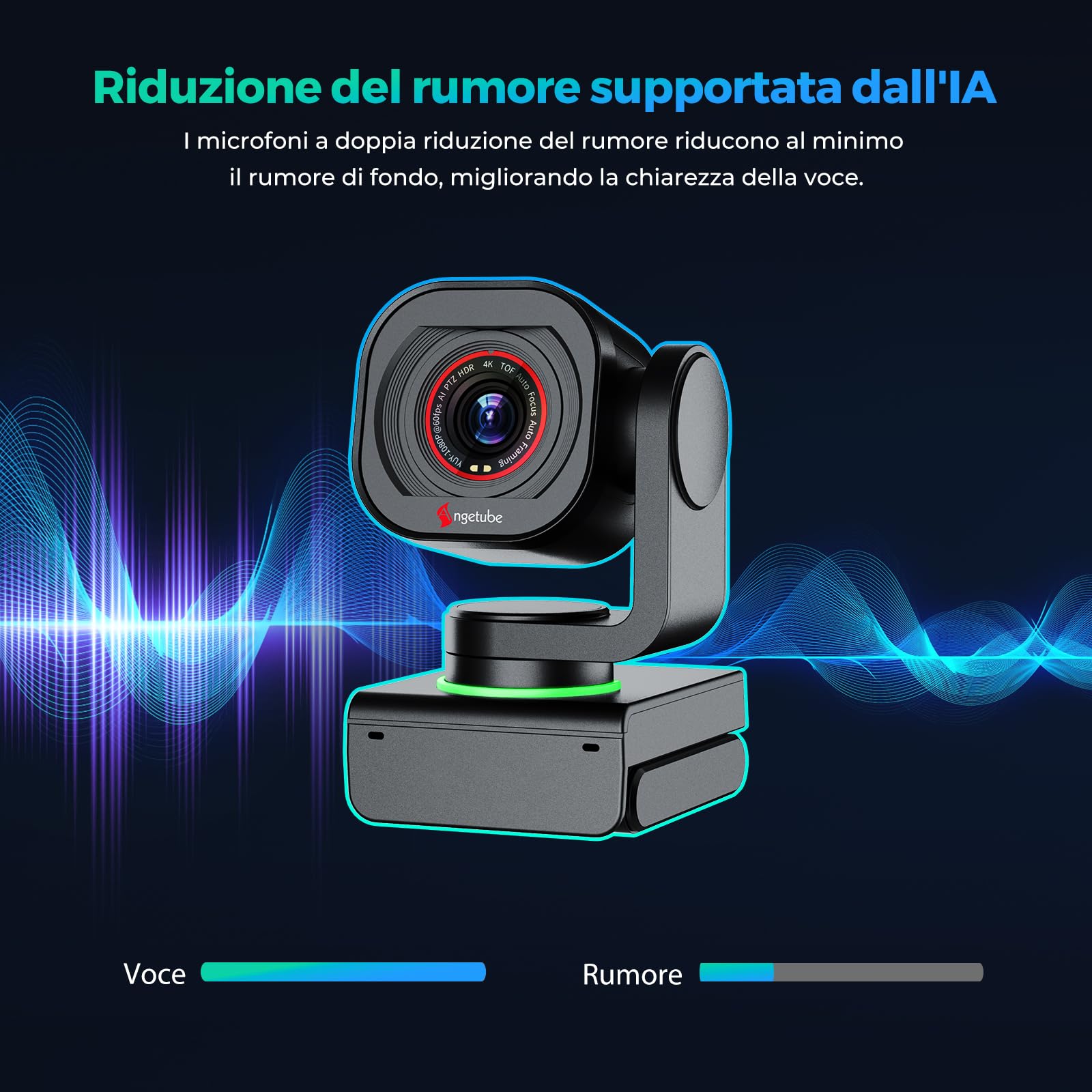 Angetube Webcam 4K con controllo tramite gesto e tracciamento AI – Webcam PTZ USB 3.0 per streaming con doppi microfoni e riduzione del rumore, autofocus TOF, 1080P 60FPS, HDR, per PC, laptop e Mac