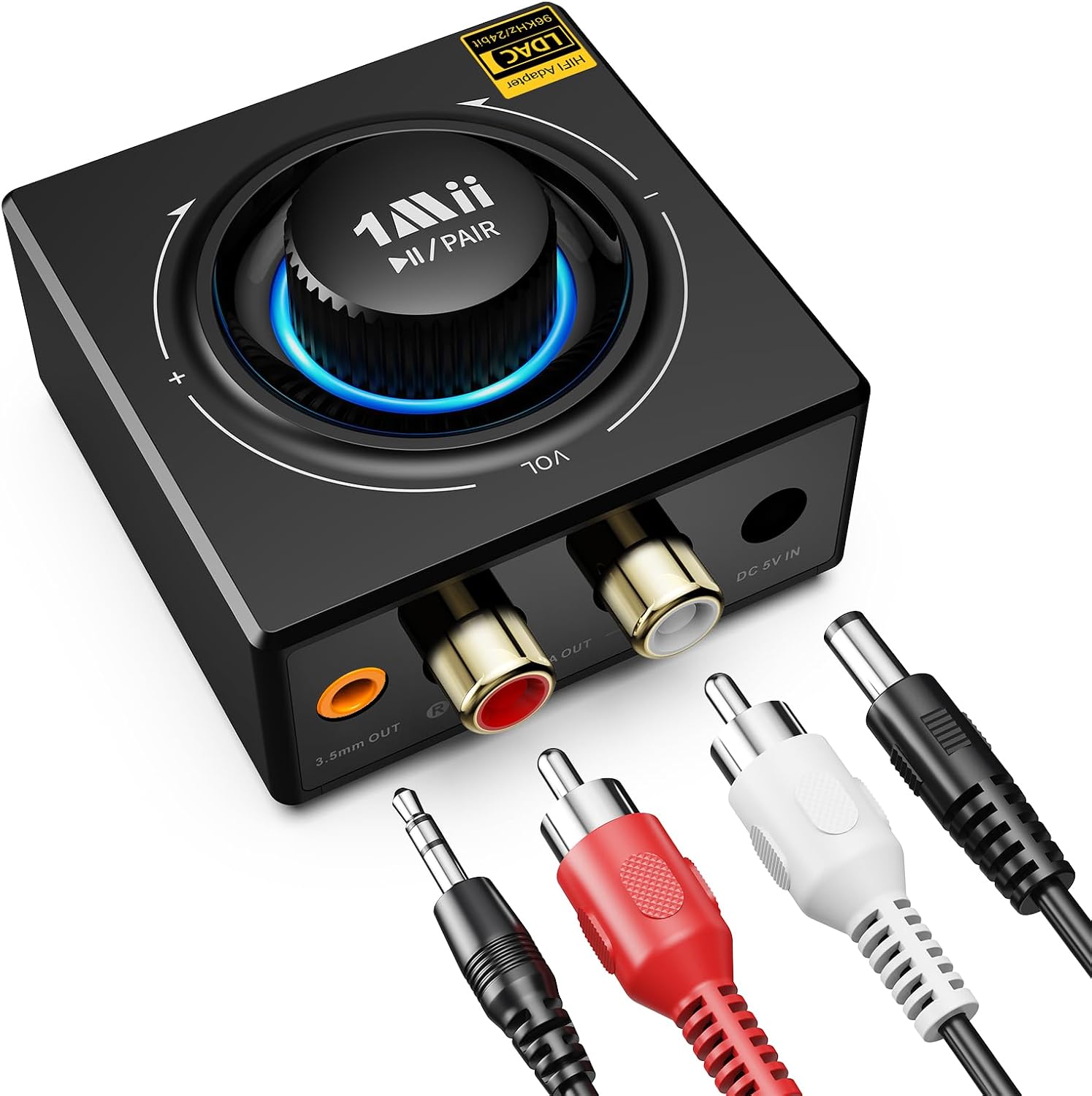 1Mii B06T3+ Bluetooth Receiver with LDAC, Hi-Res Wireless Audio Adapter with aptX Low Latency & HD, Knob Control, RCA/AUX Jack, for Old Stereo/Wired Speakers/Home Audio Music Streaming Stereo System | Hi-Res Wireless Audio Adapter with aptX Low Latency & HD, Knob Control, RCA/3.5mm AUX for Music Streaming
