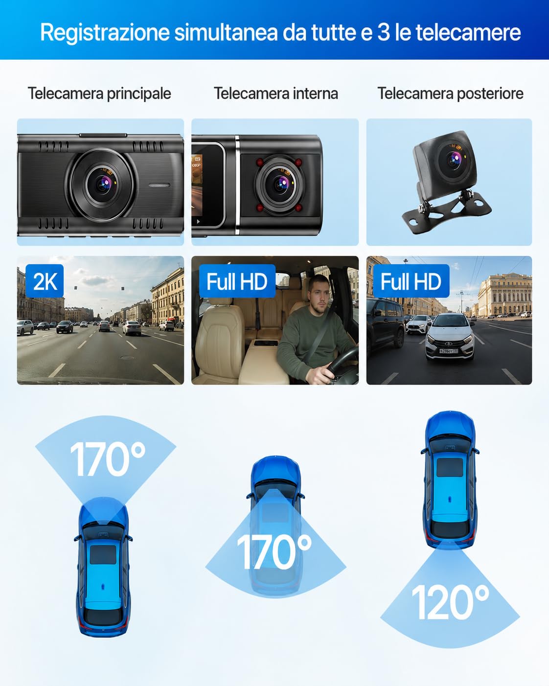 Proof Ultra Dash Cam 3 Canali 4K+2K Anteriore e Interna con Posteriore, GPS, WiFi App, Visione Notturna IR, Modalità Parcheggio