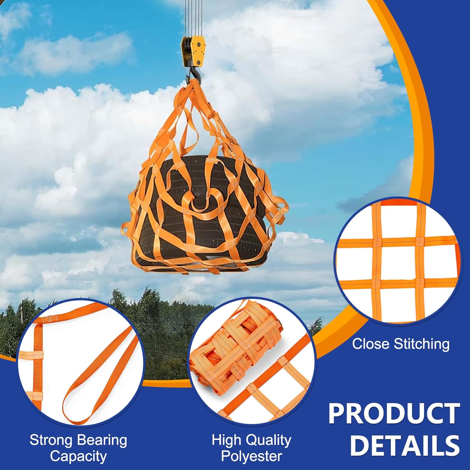 Safety Lifting Net Straps, Flat Nylon Sling Hoisting Net, 6.6 x 6.6ft Cargo Lifting Nets, Lifting nets and Unloading Heavy Objects(Load:7800lbs) Sling Hoisting Net for Construction Rigging Moving