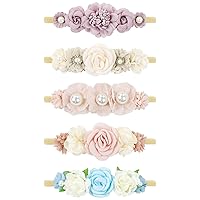 Vista 8 de Cinaci Paquete de 5 delicadas diademas de nailon con flores florales, accesorios para el cabello para bebés, niñas, recién nacidos, bebés y niños
