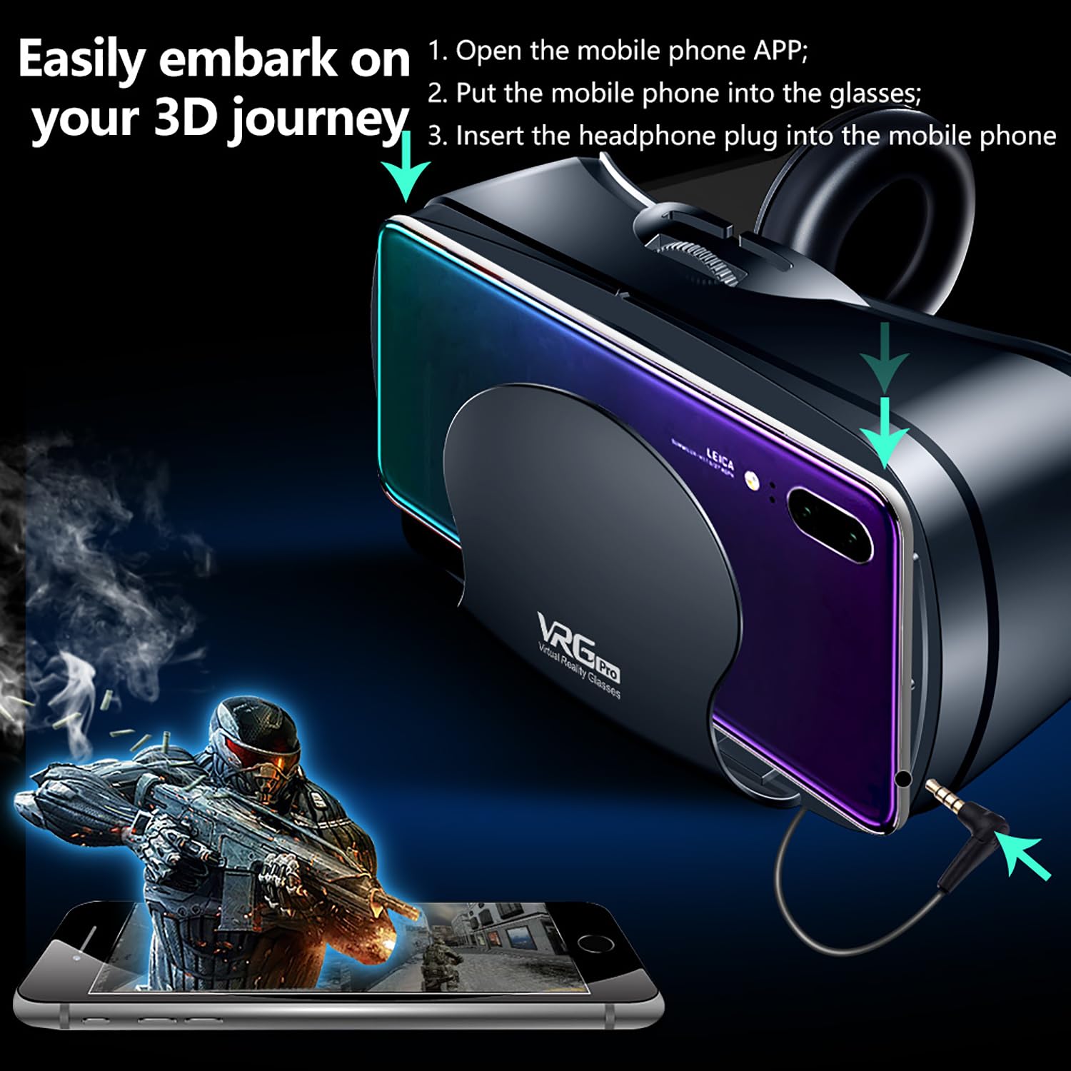 Occhiali 3D VR per smartphone con cuffie, cuffie per realtà virtuale, lenti HD anti-luce blu, IPD e messa a fuoco regolabili, compatibili con iPhone e Android (5-7"), cuffie VR per film e giochi (con)