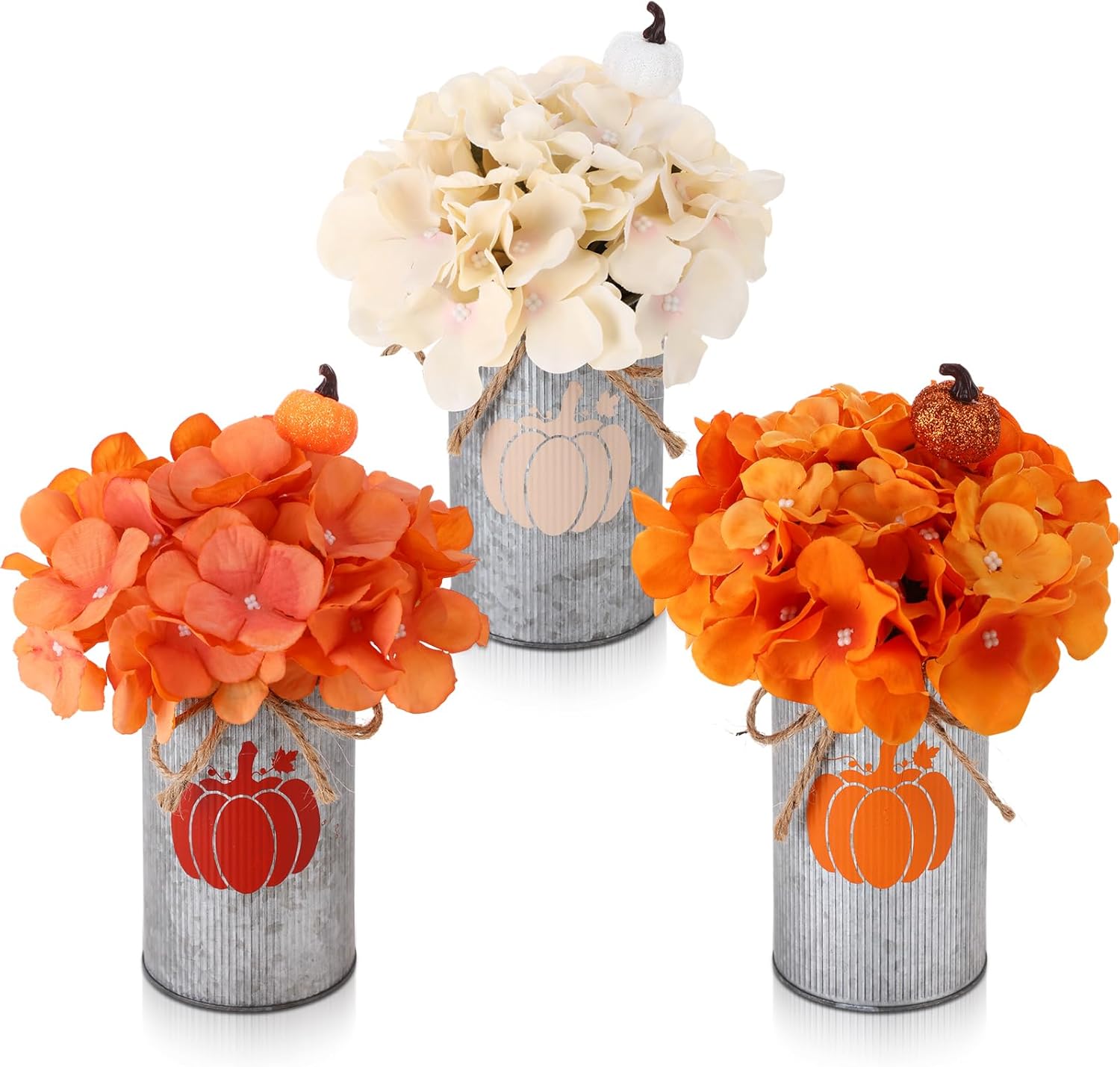 3 Sets Thanksgiving Decoration Fall Centerpiece for Table Includes 3 Silk Artificial Flower 3 Pumpkins Glitter Berry Picks 3 Metal Vases for Fall Harvest Party Decor