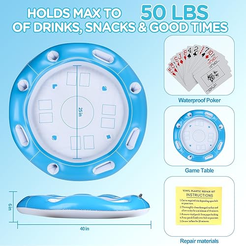 Miniatura 3 de Mesa flotante para piscina con tarjeta impermeable y 6 portavasos, mesa de juego inflable de 40 pulgadas para adultos, mesa de piscina flotante para