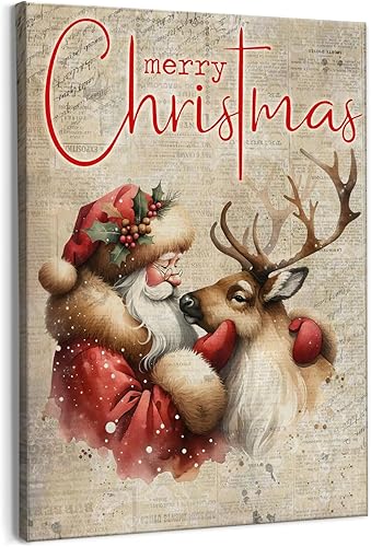 Arte de pared de Navidad vintage, impresiones artísticas de lienzo de Navidad de renos de Papá Noel, decoración de pared de Papá Noel, decoración de