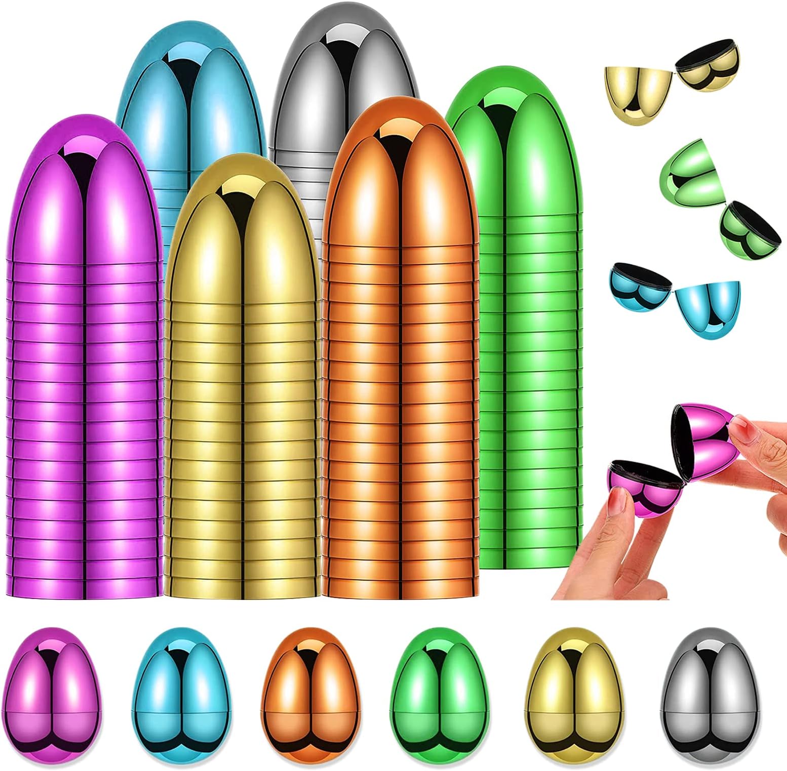 48Pcs Easter Eggs, Plastic Easter Eggs Easter Eggs Empty, 6 Shiny Colors Metallic Easter Eggs, Easter Egg Hunt Easter Party Favors for Kids