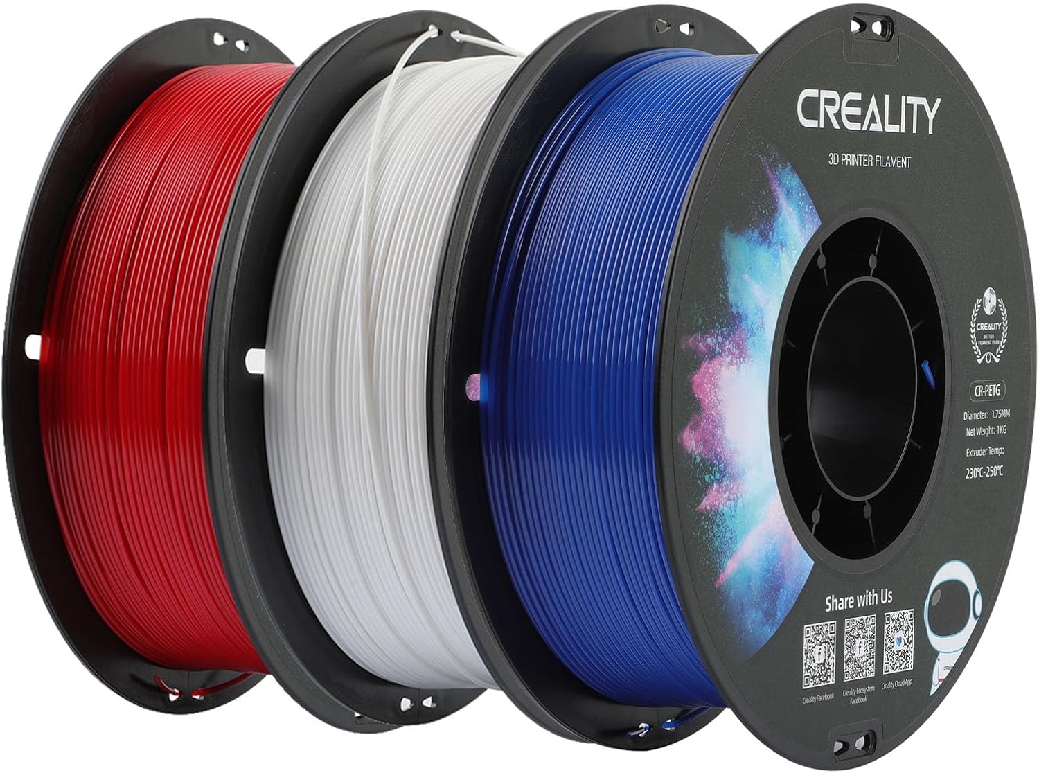 Creality 3D Printer Filament Bundle, 3-Pack PETG Filament 1.75mm, PETG Red, White, Blue, 3D Printing Filament 1kg X 3 Spools
