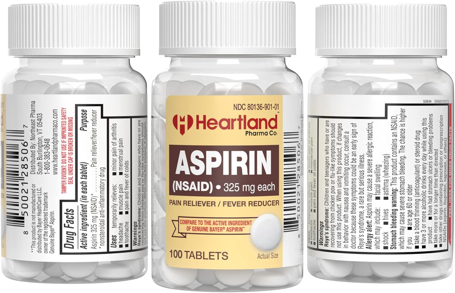 Heartland Pharma Aspirin 325mg Uncoated NSAID with Child Resistant Safety Cap - Made in USA - (100 Count)(2 Pack) : Health & Household