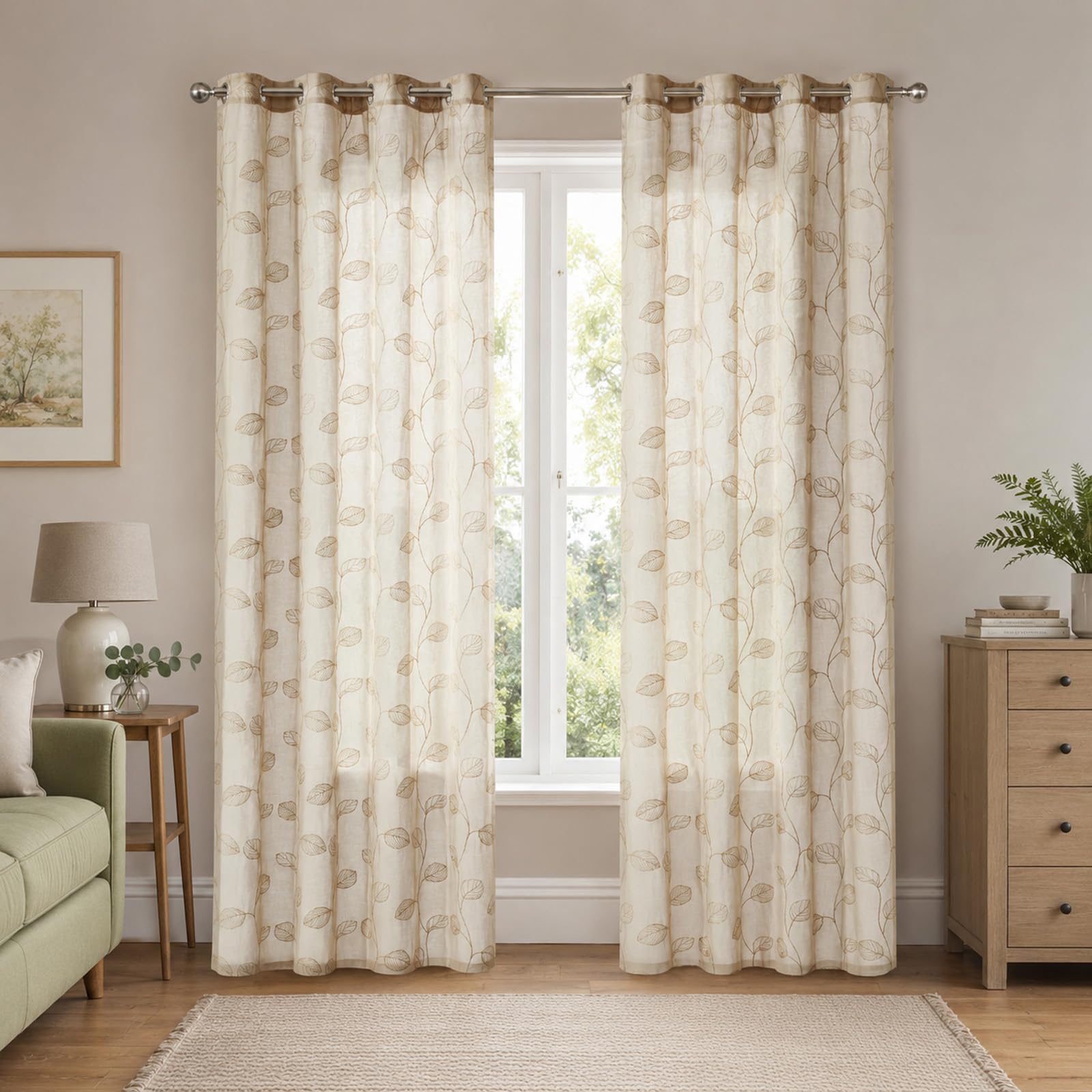 SSWH Sheer Voile Curtains with Embroidered Pattern, Semi Transparent Net Curtains, Voile Sheer Panels for Bedroom Living Room with Eyelet(Size:132x160cm/W 52" x L 63" (2 Panels),Color:Champagne)