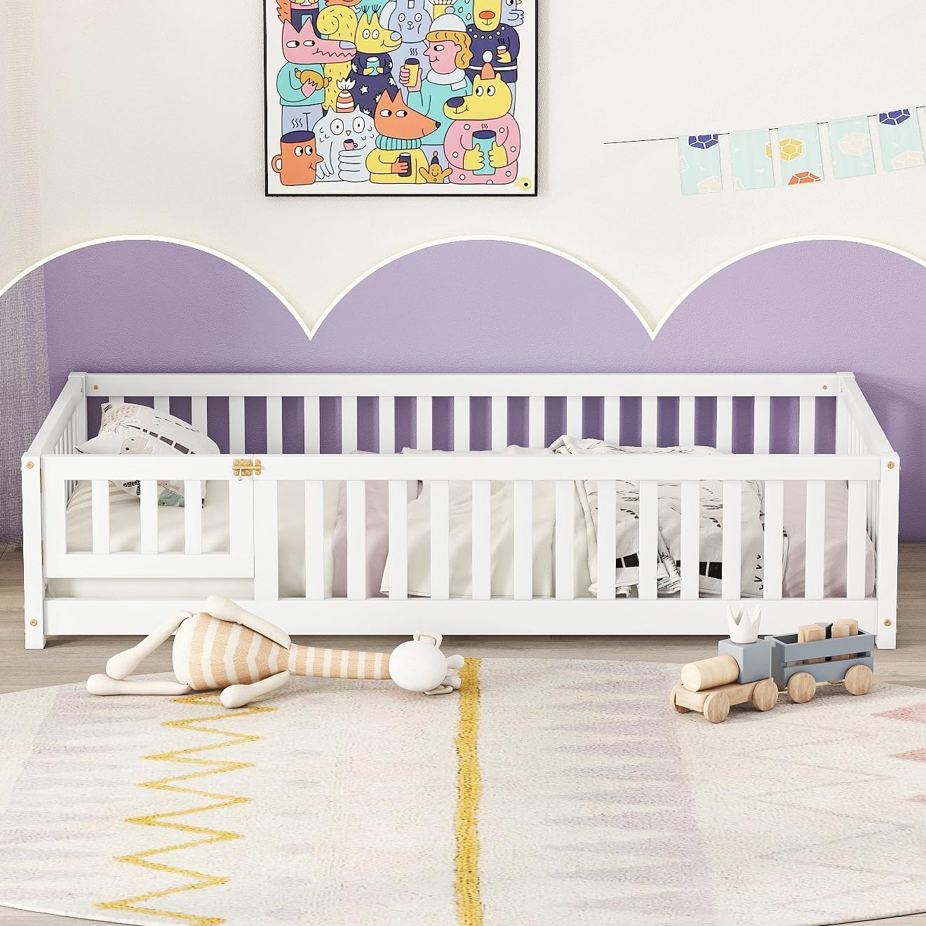 Bellemave Twin Size Floor Bed with Slats and Safety Guardrail, Twin Size Montessori Floor Bed with Fence and Door, Easy Assemble Montessori Beds for Kids, Girls, Boys, White