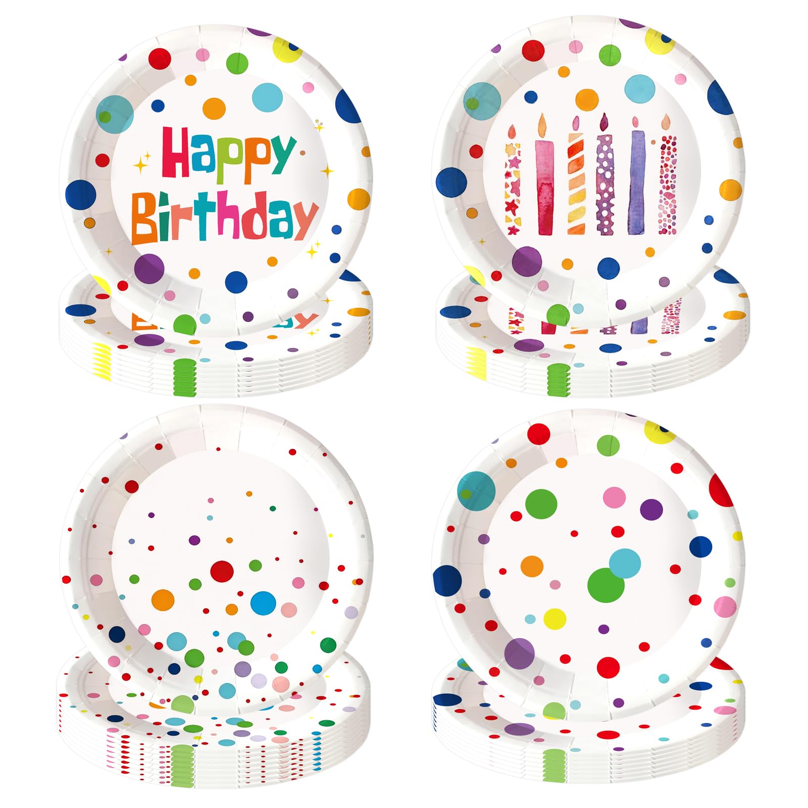 HFBOBP 48PCS Happy Birthday Paper Plates, 7Inch Colourful Dots Cake Dessert Plates Disposable Tableware Set For Boys Girls Birthday Party Supplies