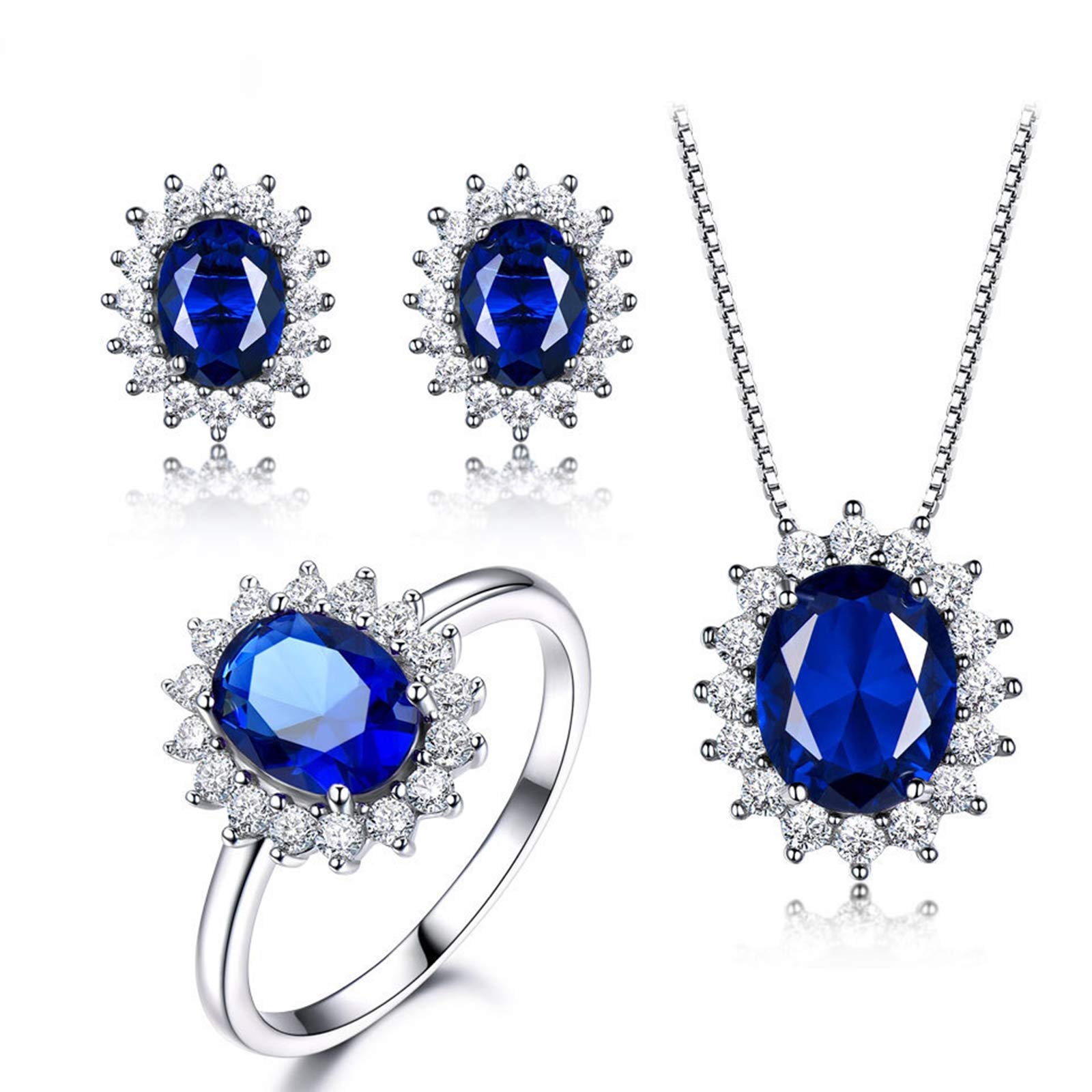 KnSam Damen Ring, Damen Halskette Echt Silber Sonnenblume Hochzeit Schmuckset Aus 925 Silber Für Damen Frau Mit Erstellt Blauer Saphir Blau