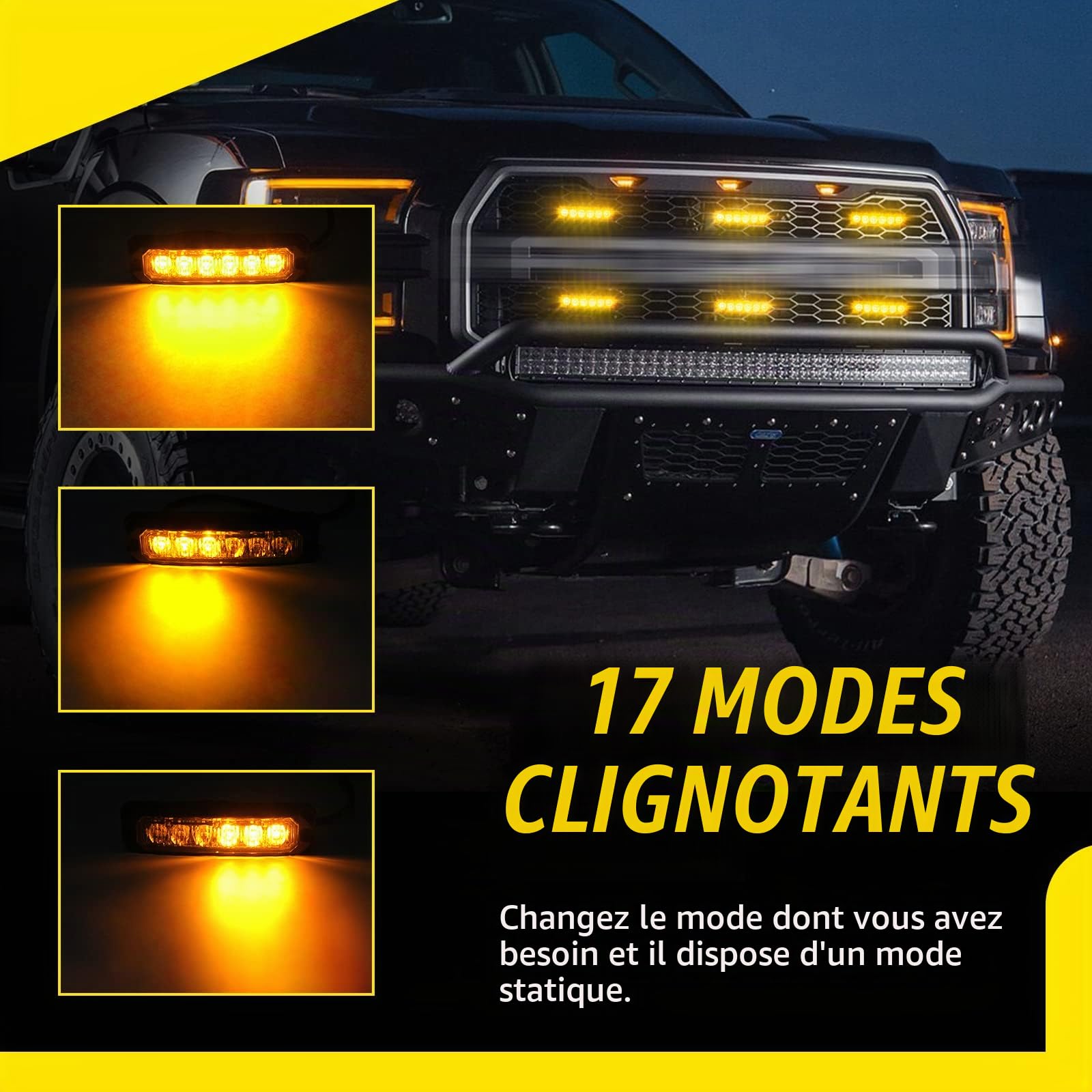 210 degrés Led stroboscopes ambre, Mode 17-clignotant 6-LED 6W Mini feu de repère latéral, Surface Mount calandre feux d’avertissement pour camions voiture véhicules tête danger d’urgence, 4PC Pack