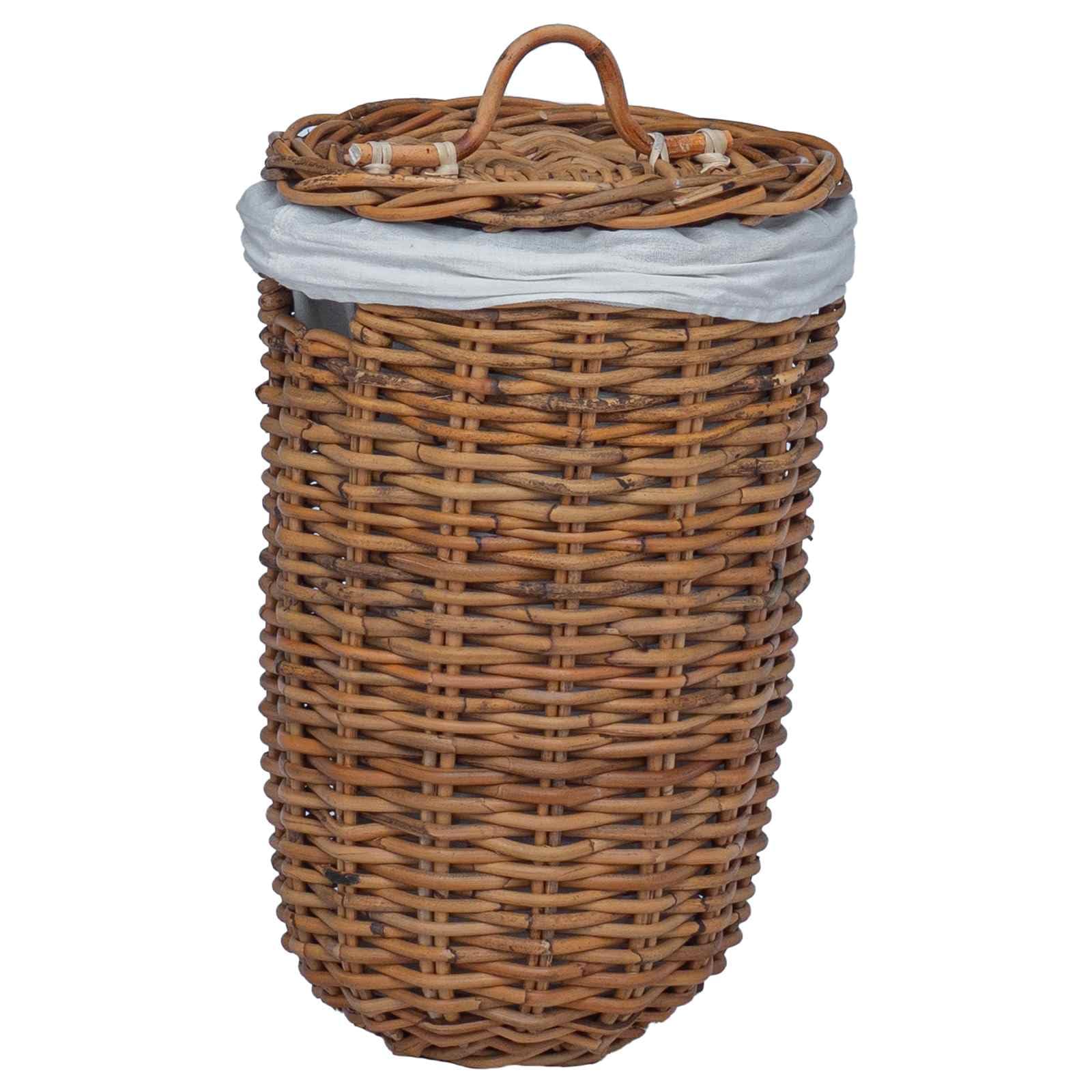 Generico Wäschekorb 2 Stück Braun Rattan Kubu mit Deckel, Set mit 2 Wäschekörben aus Naturfaser mit Belacu-Stoffbezug und Griffen, Größe 42 x 60 cm
