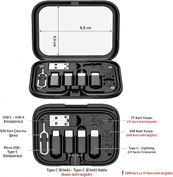 USB C Çok Fonksiyonlu Adaptör Seti, 6'sı 1 Arada Kablo ve Dönüştürücü, Type-C Şarj Kablosu, Lightning Adaptör, Micro USB Adaptör, USB-A Dönüştürücü, 60W Hızlı Şarj, Seyahat Aksesuarı
