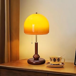 LIGHTLAND Orange Table Lamp, Glass Lampshade Metal Lamp Body Wood Base, Decorative Mushroom Lamp, Vintage Table Lamp for Living Room Bedroom Study, 9.4 * 19.7 Inch