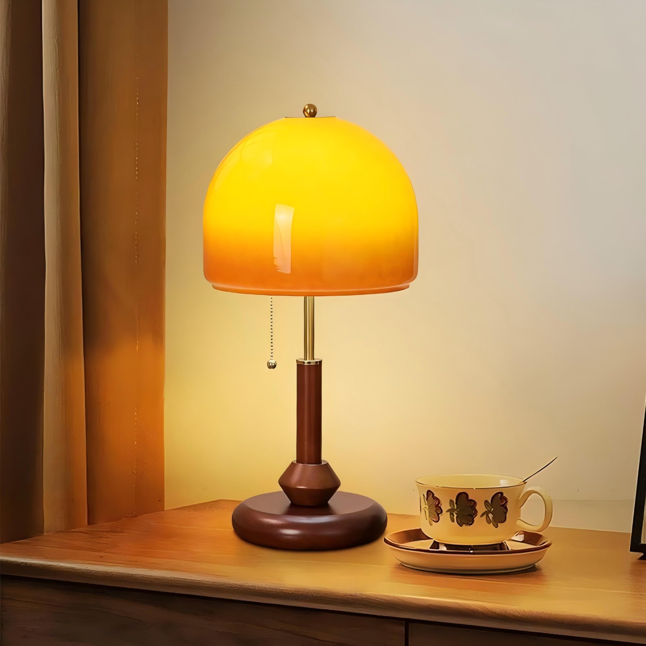 LIGHTLAND Orange Table Lamp Glass Lampshade Metal Lamp Body Wood Base Decorative Mushroom Lamp Vintage Table Lamp for