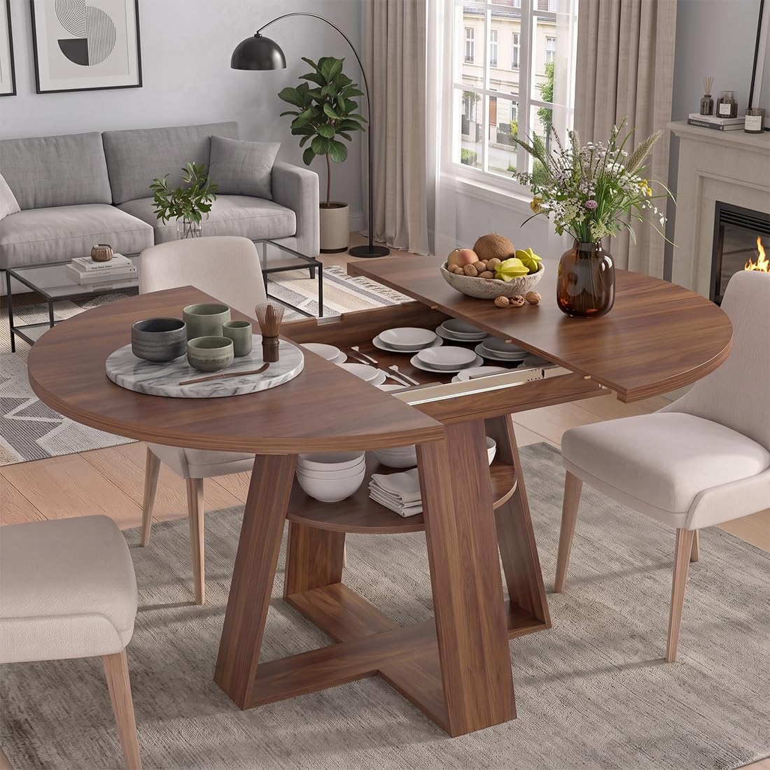 Mesa de comedor extensible 100/140 x 100 x 75 cm, mesa de comedor ovalada, ahorra espacio, mesa de cocina con espacio de almacenamiento, mesa de comedor de madera, mesa de jardín extensible