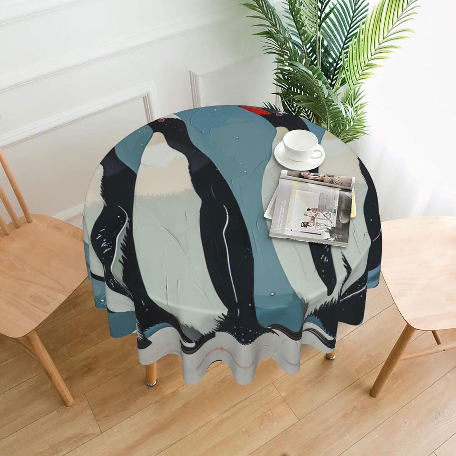 Penguin Print Wrinkle Free Dining Table Cover for Birthday Party Farmhouse Tablecloths Up to 60 x 60 Inches