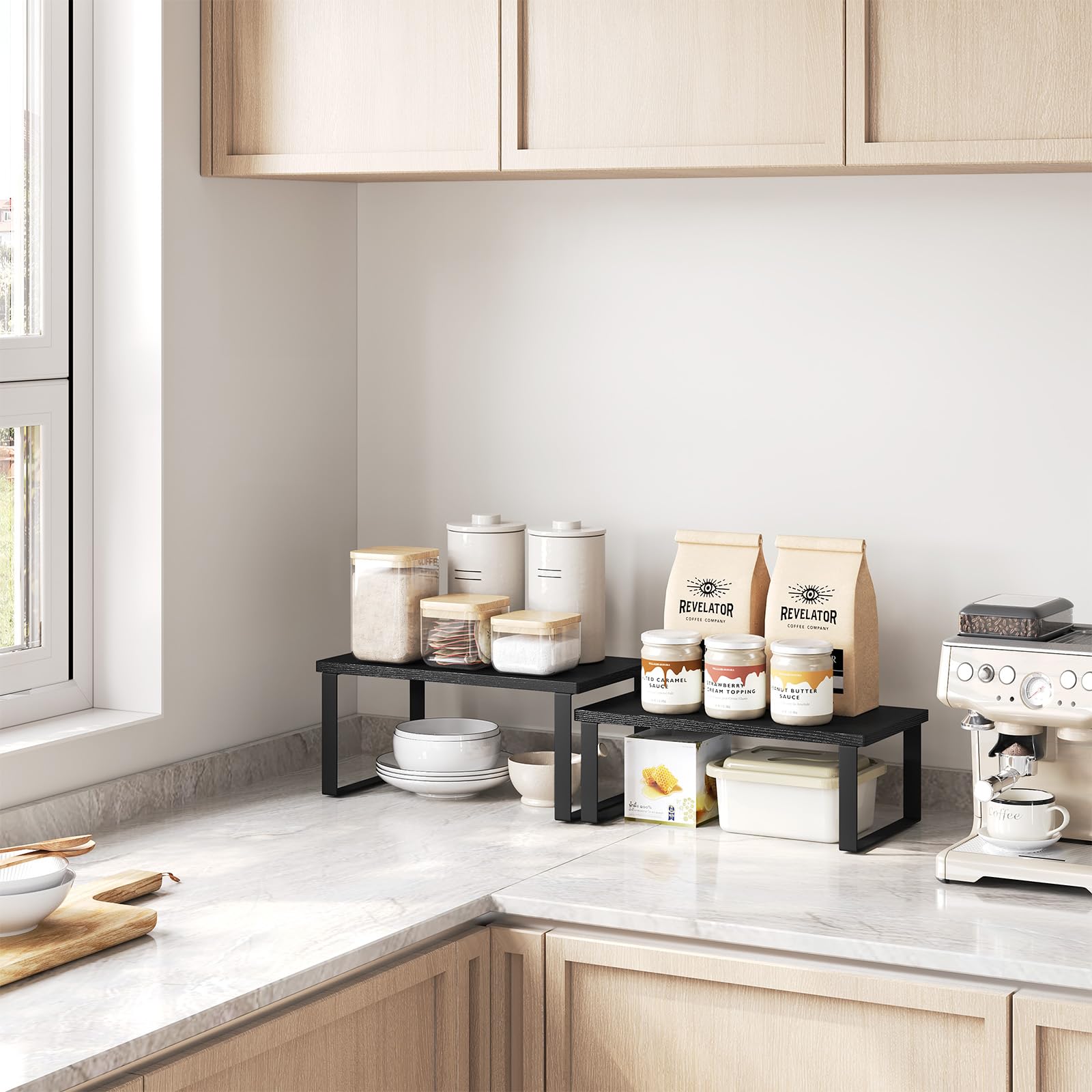 WOLTU Set di 2 Scaffali da Cucina, Porta Spezie Impilabili, Organizer da Cucina in MDF, Scaffali Indipendenti per Armadietti, 34x19,5x15,5+34x18,5x12,5 cm, Nero