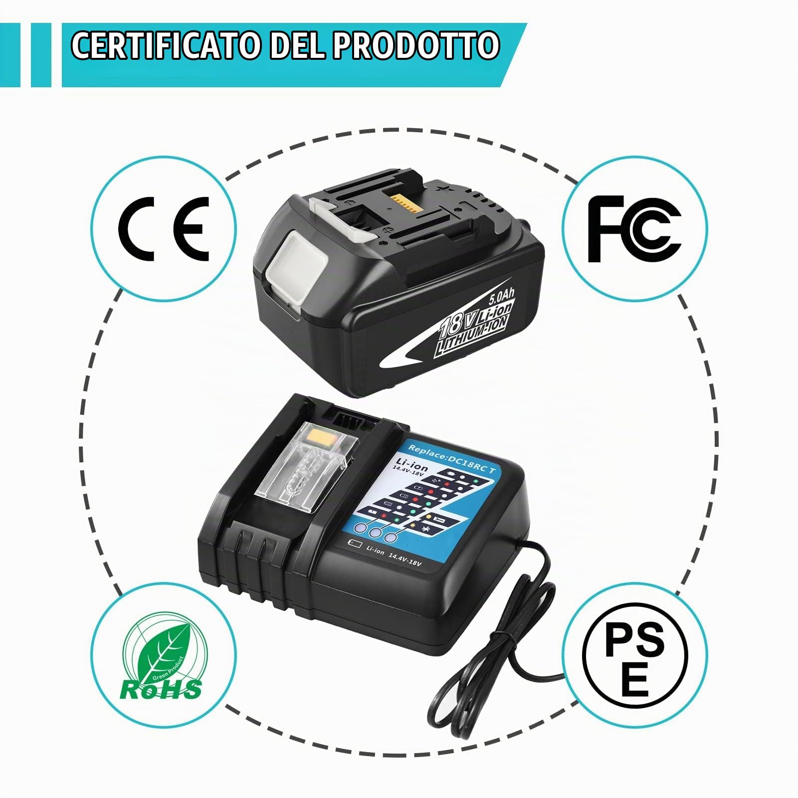 Batteria 18V 5.0Ah per Batteria con 14.4-18V 3A DC18RCT per Caricabatterie 18V BL1850B BL1850 BL1860 BL1860B BL1830 BL1840 LXT-400 e Caricabatterie DC18RCT DC18RD DC18RA