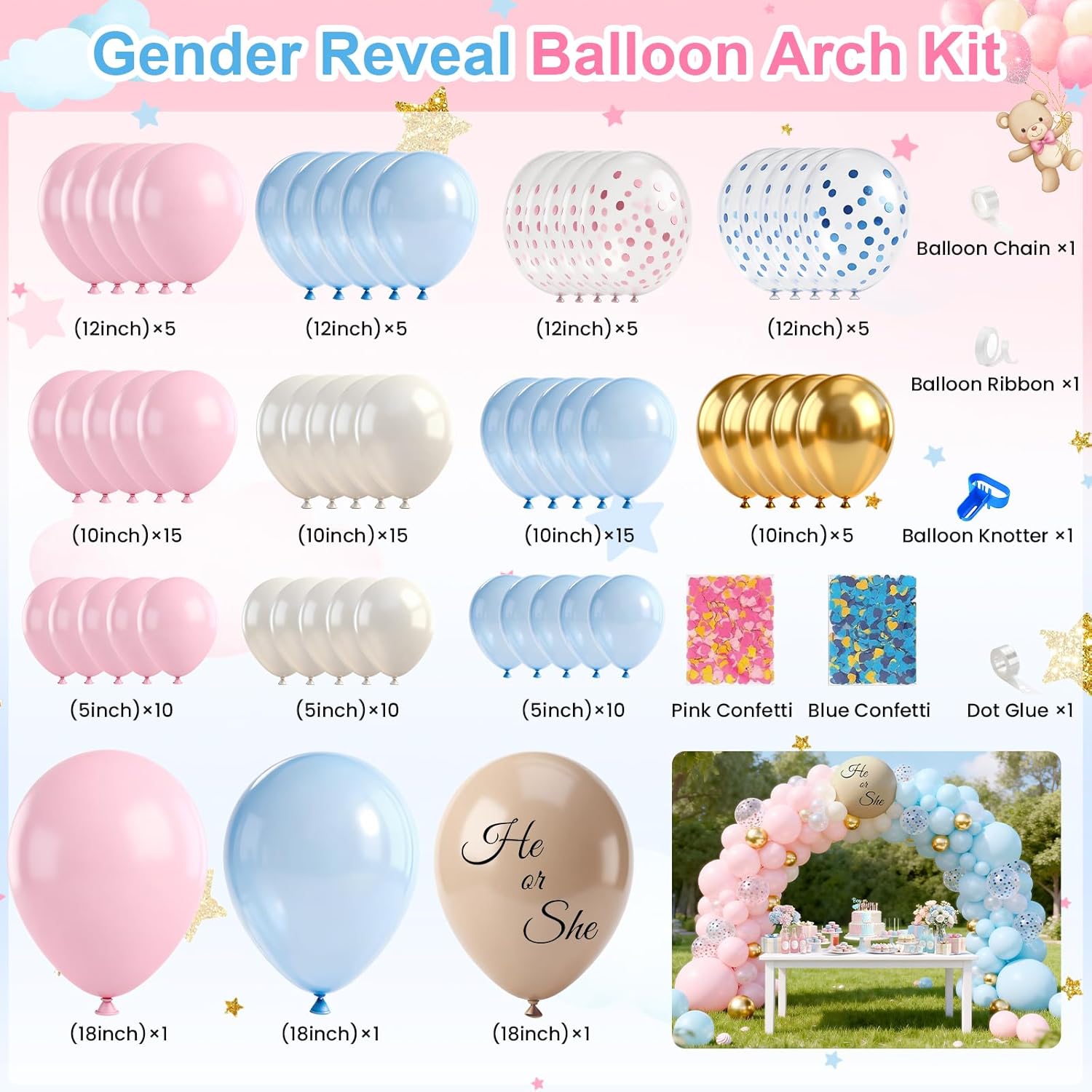 270 Pcs Bear Gender Reveal Decorations: He or She Bear Banner Baby Reveal Plates Napkins Cups Tablecloth Balloons, We Can Bearly Wait Gender Reveal Decorations Serve 24