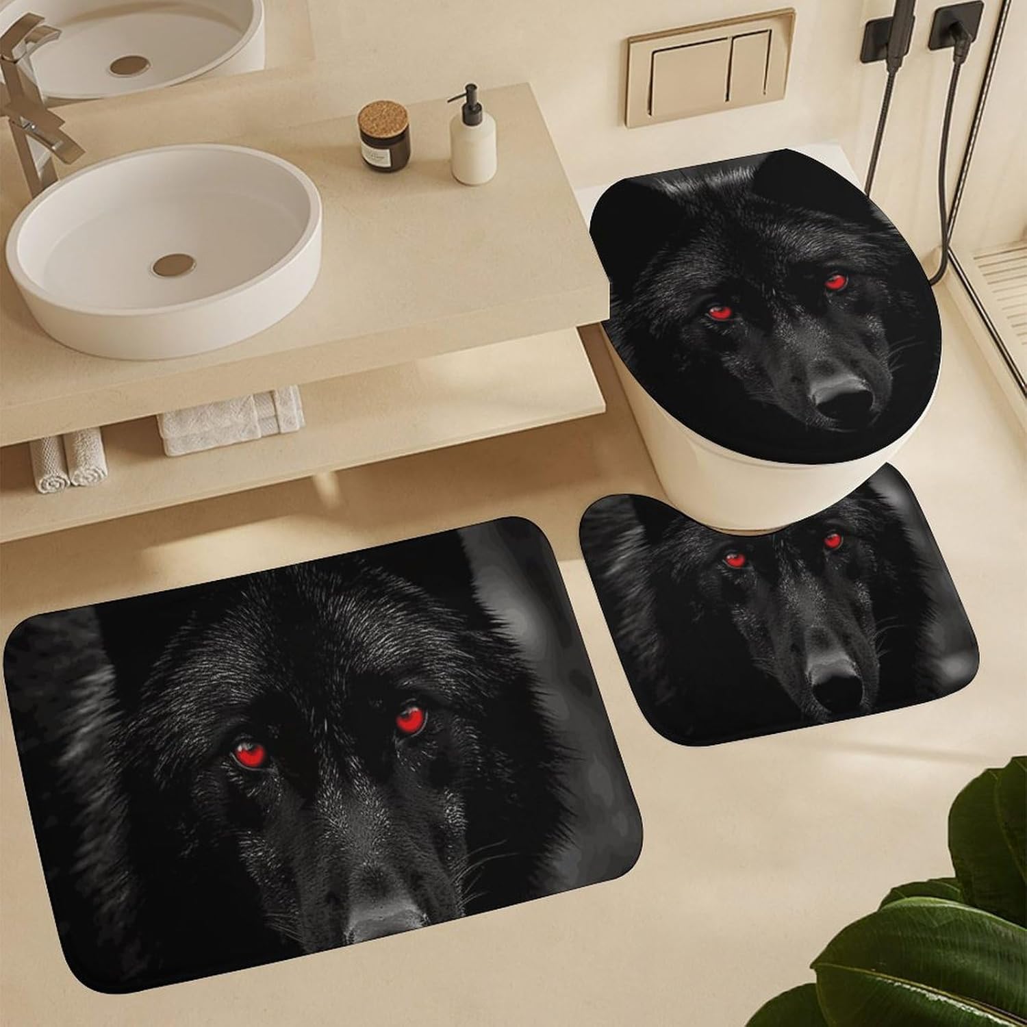 Black Red Eyed Wolf Shower Curtain Set 4 Piece, Non-Slip Bath Mat with Toilet Lid Cover and Waterproof Shower Curtain with 12 Hooks, Complete Bathroom Set for Home Decor
