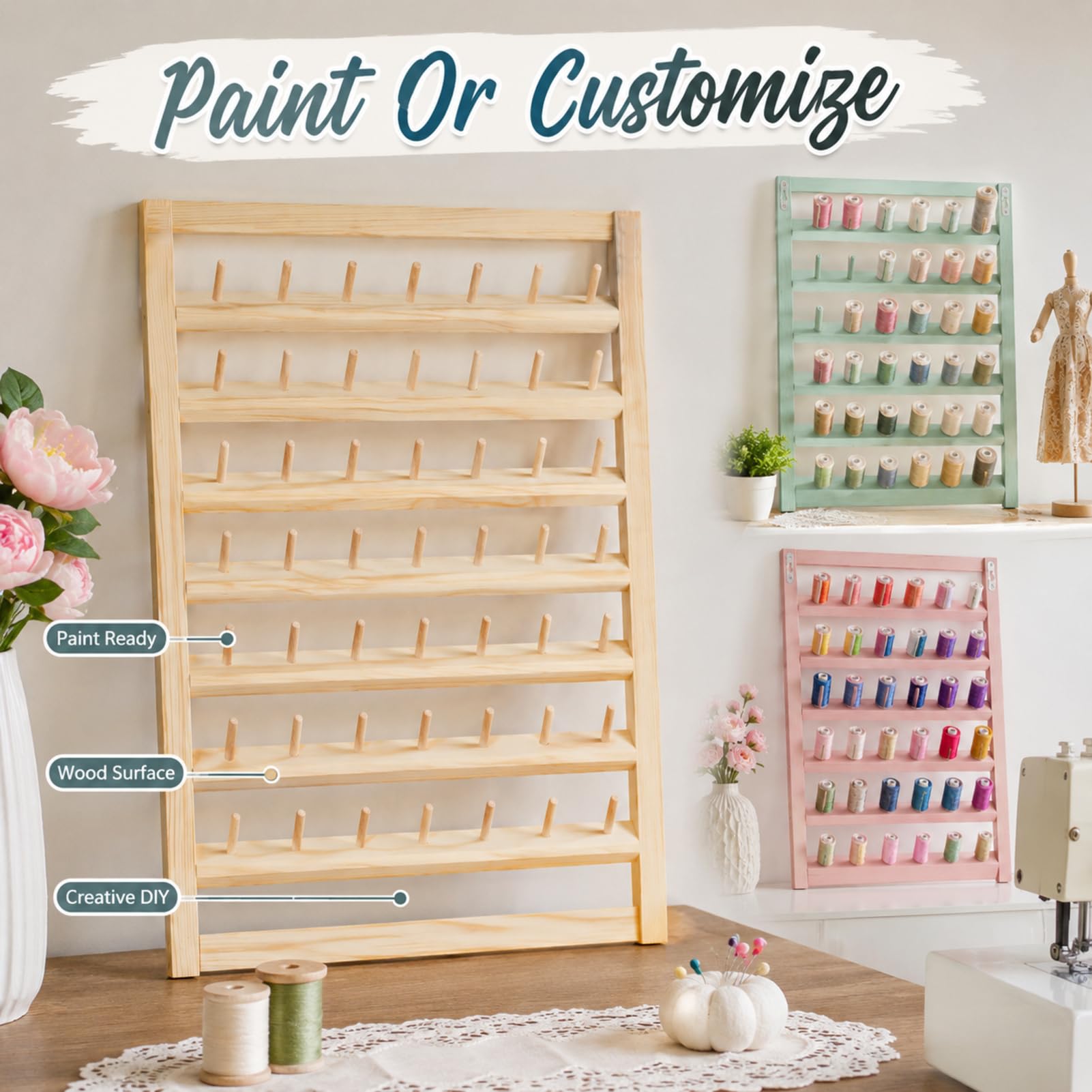 Support de fil à 48 bobines avec crochet de suspension, support mural en bois pour broderie, tressage de cheveux, couture, bricolage, bobine de broderie écologique