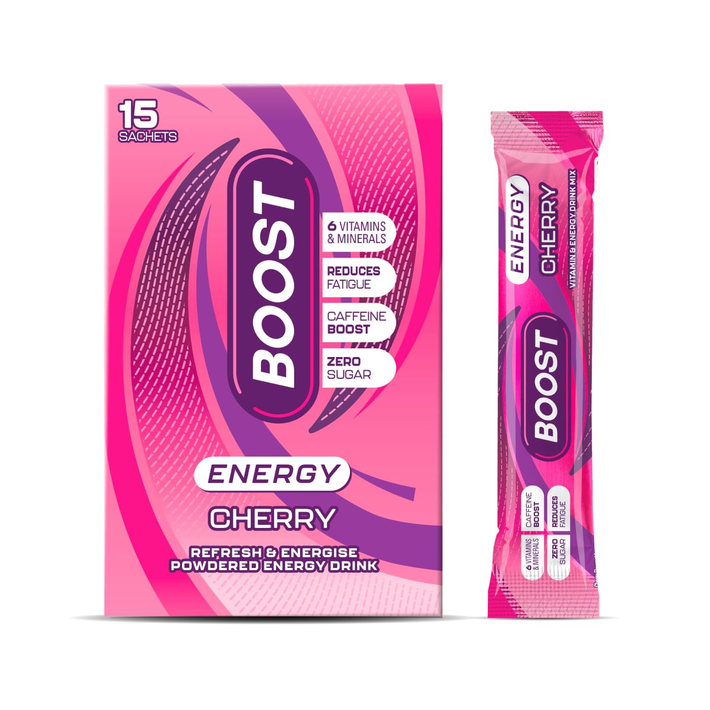 Boost Energy and Hydration Powder - Cherry Flavour - 15x Pack Sachets - Sugar Free Caffeine Energy Drink Powder with Vitamins, Mineral & Zinc for Energised Hydration - Suitable for Vegans