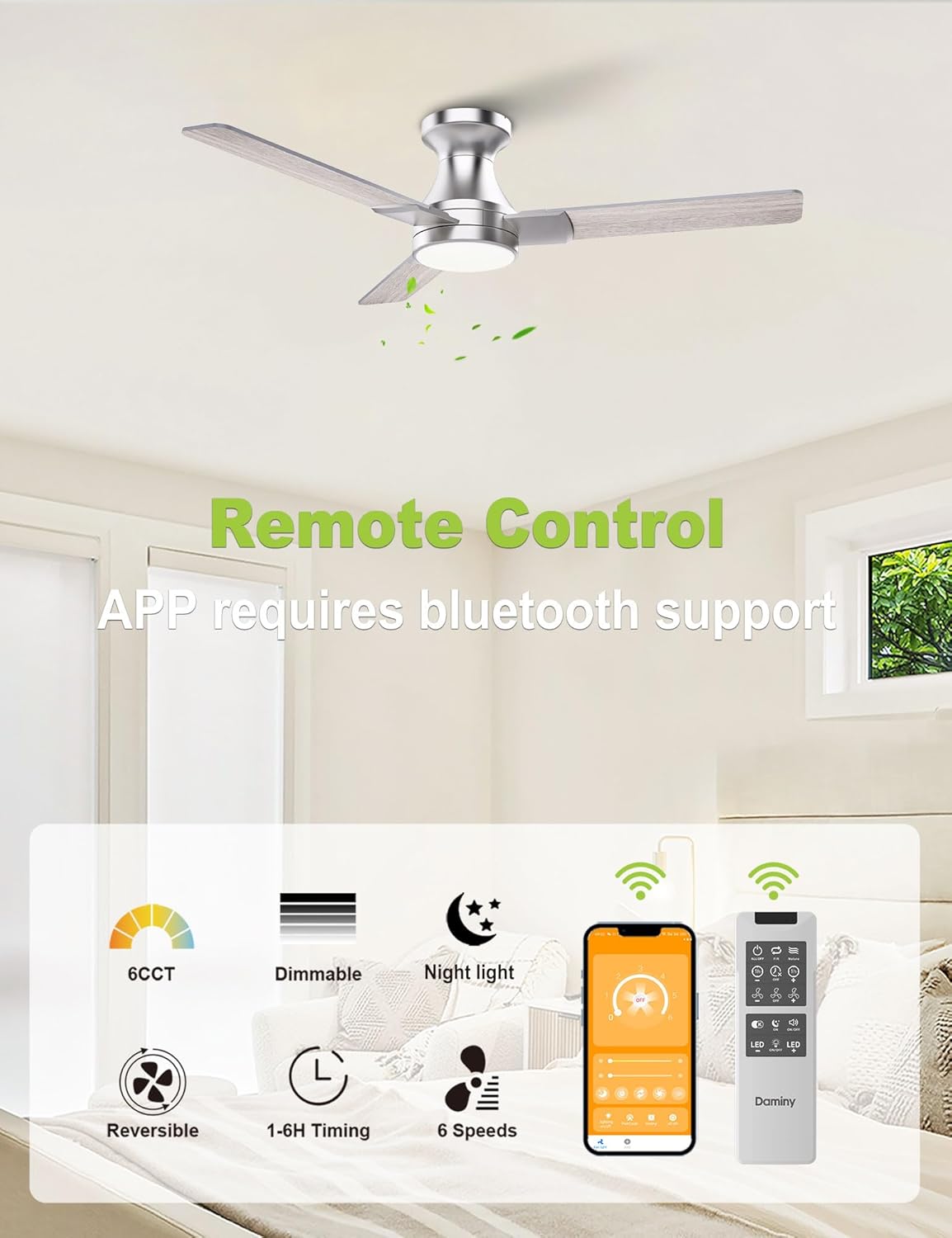 DAMINY 42 inch Ceiling Fans with Lights,3 Blades,6CCT, Low Profile Ceiling Fan with Light and Remote Control,Ceiling Fan for Bedroom, Kitchen,Indoor/Outdoor Use,Flush Mount-Nickel
