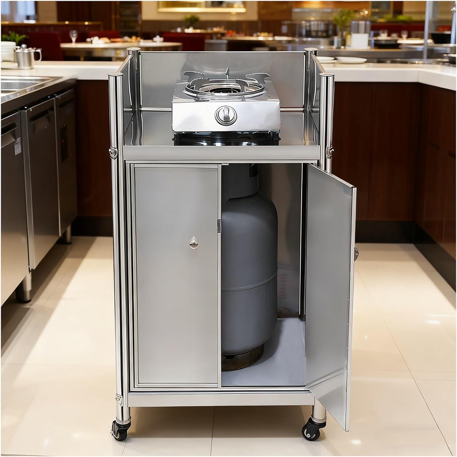 Stainless Steel Workbench Cabinet with Casters Floor-Standing Metal Prep Table with Three-Sided Raised Guardrails Utility Table Double-Door Storage Cabinet Height 96/110cm(50x45x96cm/19.7x17.7x37.8”)