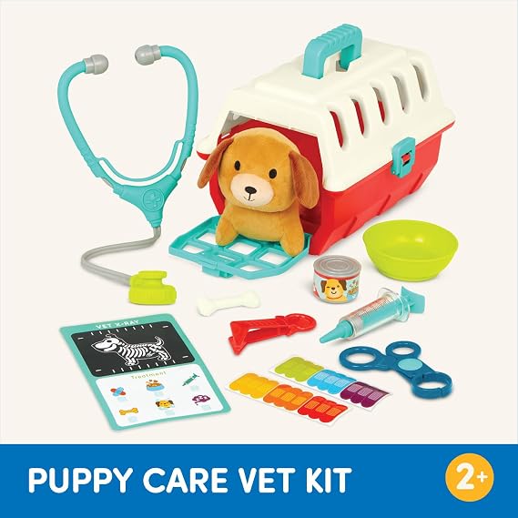 Battat Mini Vet Playset (11 Pieces) Plush Dog & Carrier Stickers & Checklist Toy Stethoscope & Bone 2+ Years Puppy Care Vet Kit