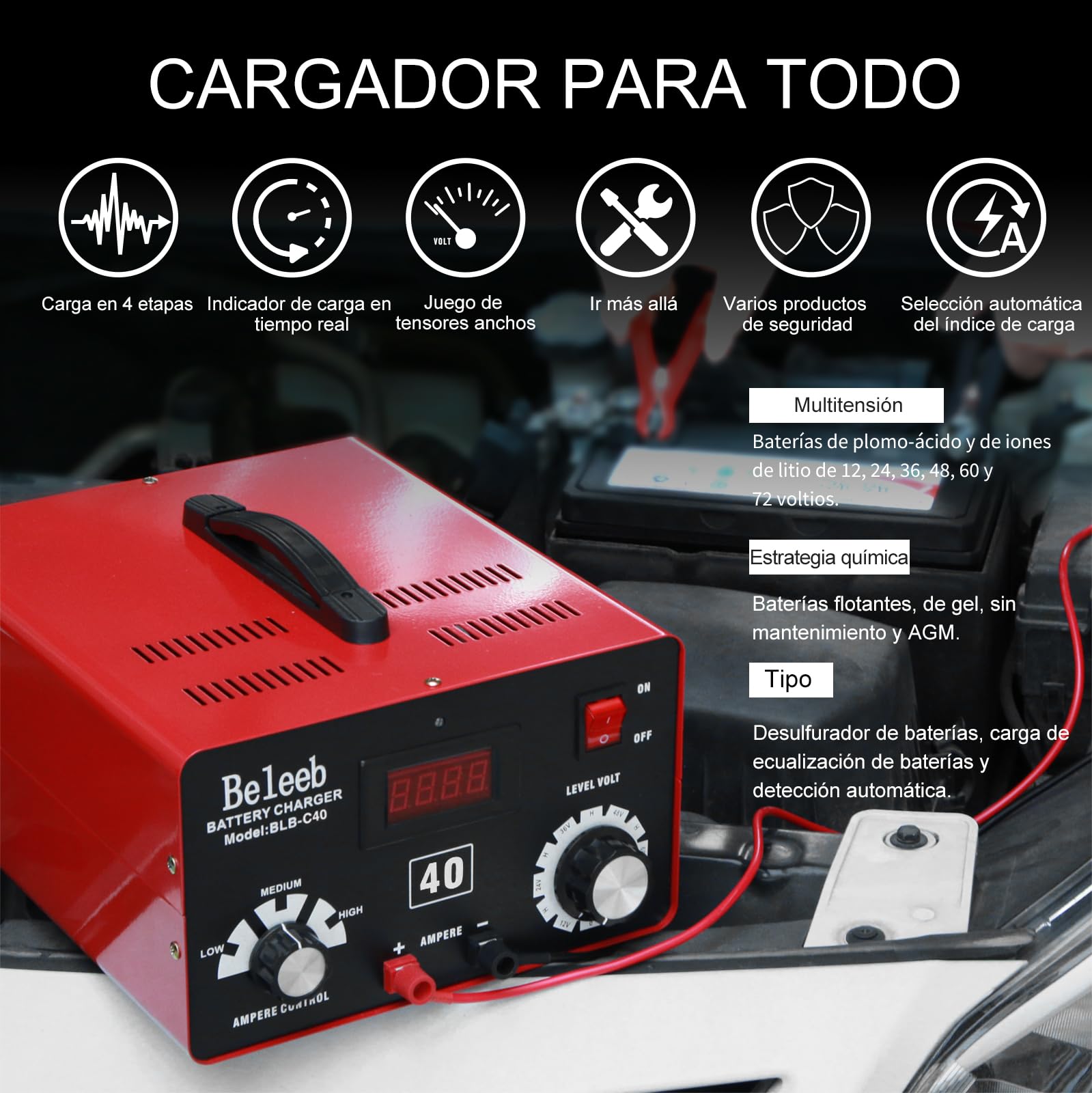 Hugoome Beleeb Serie C40 Cargador de Batería 12V 24V 36V 48V 60V 72V, Pulsos de Alto Voltaje Desulfatador Mantenedor de Batería con Pinzas de Cocodrilo para Baterías de Litio-Ion Plomo-ácido