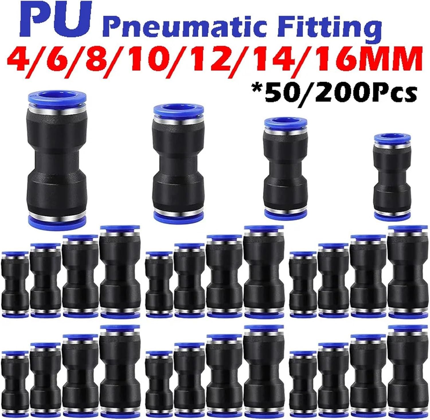 50/200Pcs Pneumatic Fitting Straight Push Plastic Connector 6/8/10/12/14/16mm Trachea PU Air Fittings(PU-16,50Pcs)