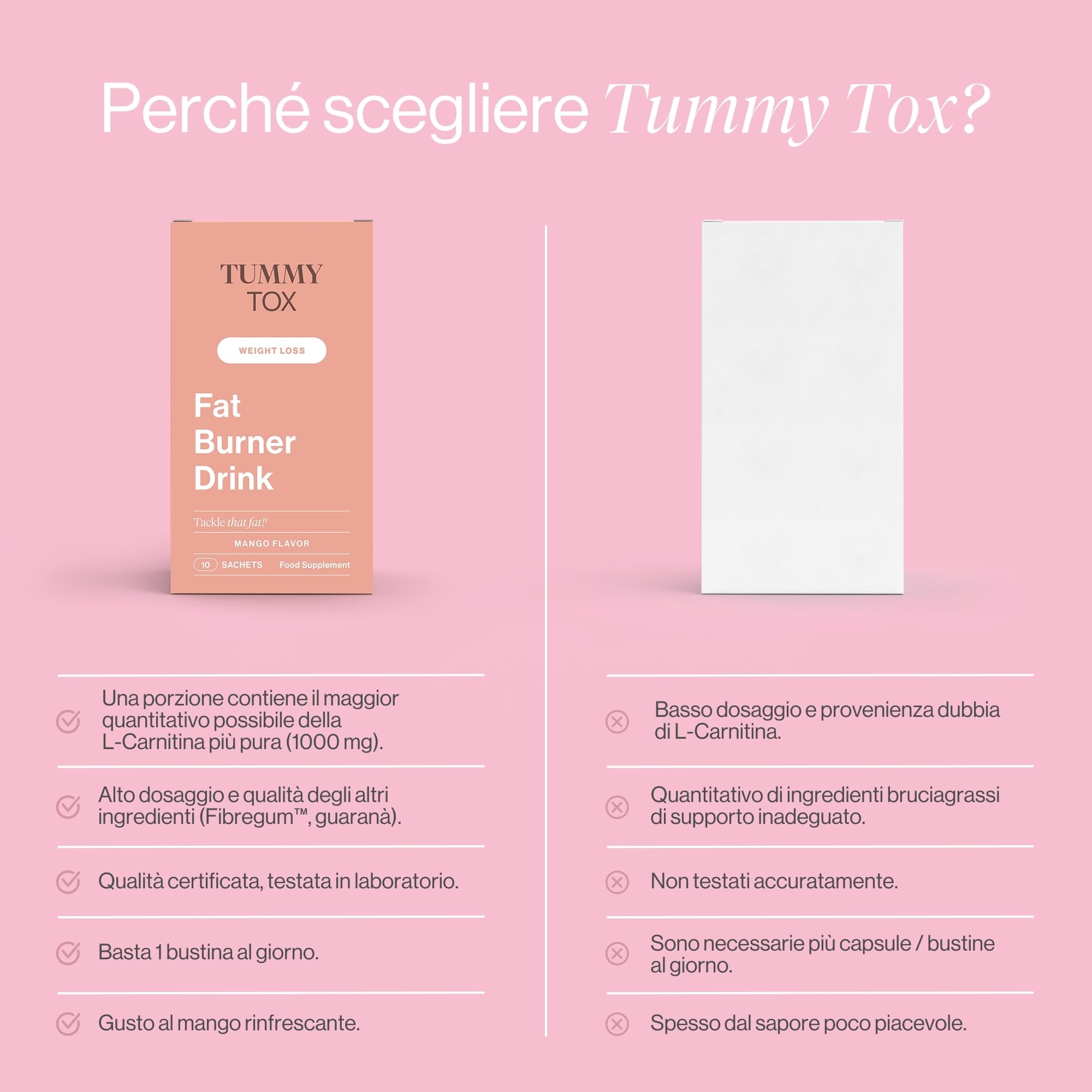 Fat Burner Drink - L-Carnitina, Guaranà ed Estratto di foglie di Mate verde - Bevanda al gusto di Mango - 30 bustine per 30 giorni, Tummy Tox