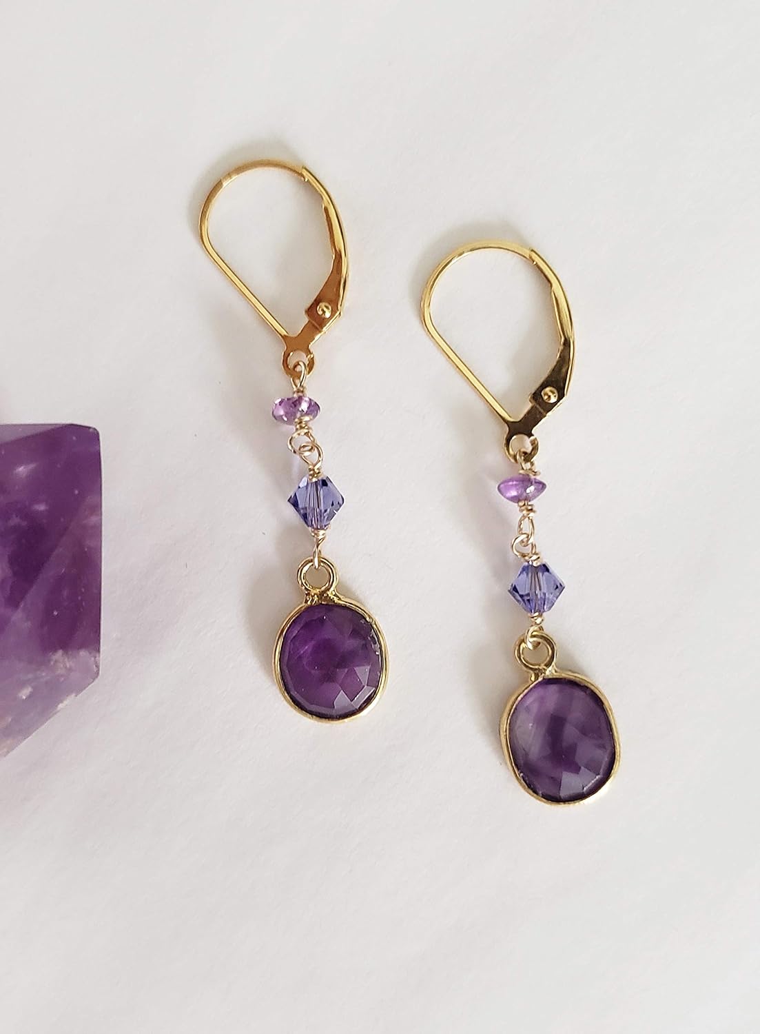 14k Gold-Filled Leverback Semi-Precious Gemstone Bezel Beaded Drop Earrings with Austrian Crystal Accents