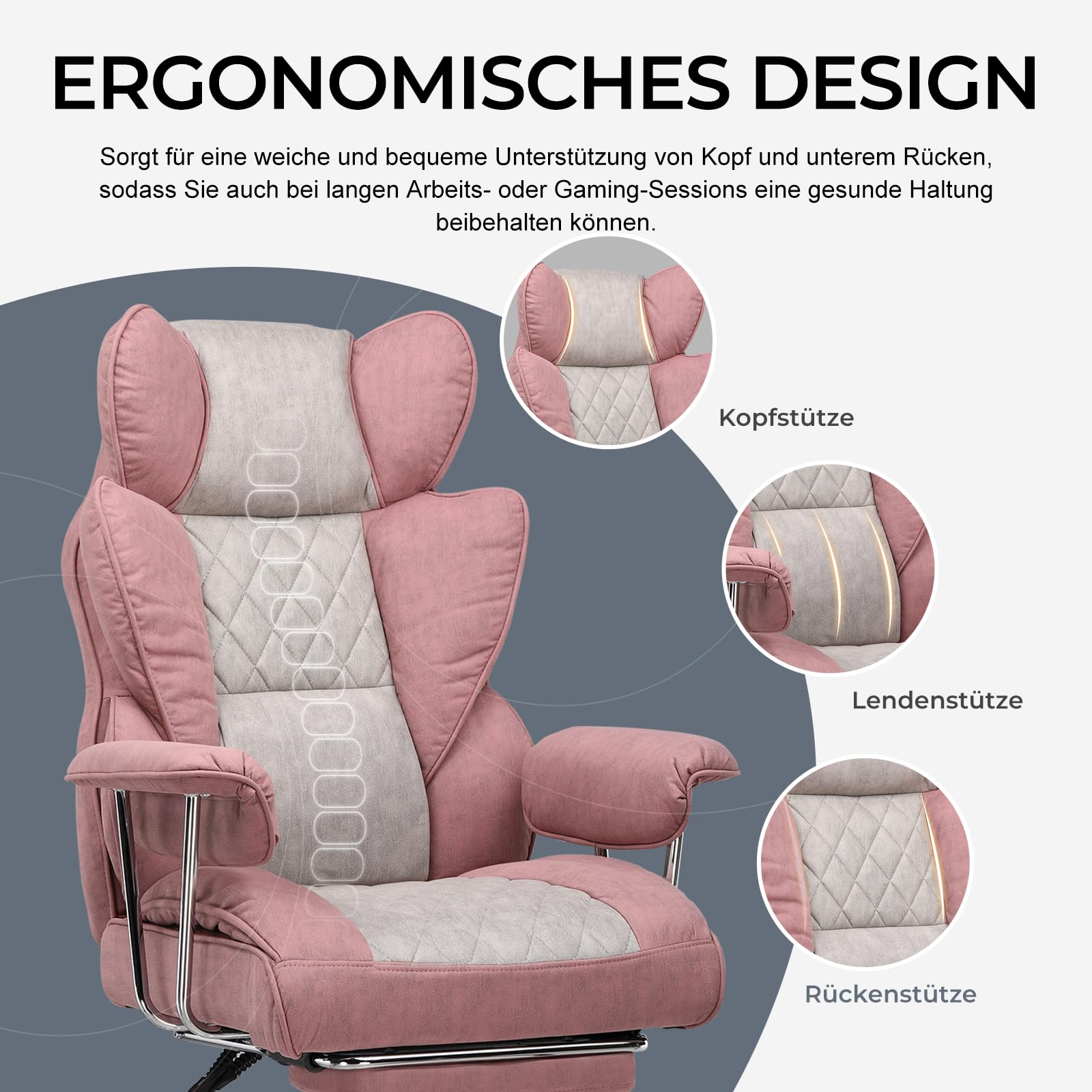 GTPLAYER Sedia da gioco, sedia da ufficio con supporto lombare a molla tascabile, ergonomica e confortevole, ampia poltrona da ufficio con braccioli morbidi e poggiapiedi fissati verso l'esterno, rosa