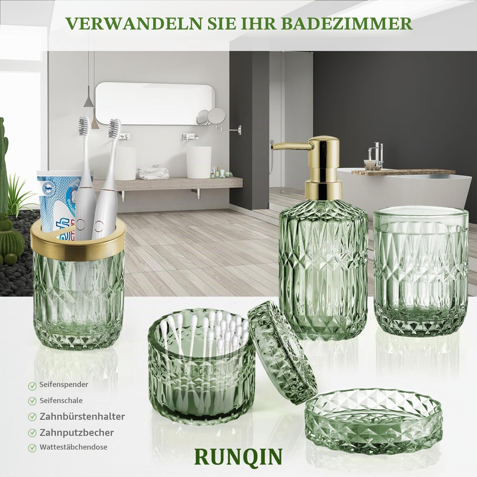RUNQIN Seifenspender Zahnputzbecher Set, 5 Badezimmer Set mit Zahnbürstenhalter, Zahnputzbecher,Seifenschale,Seifenspender,Wattestäbchen Gläser, Bad ZubehöR Set für Edle Badezimmer Deko in Grünes Glas
