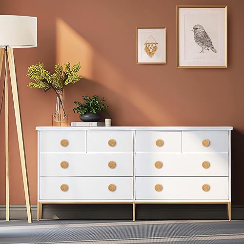 Vista 15 de ANPHSIN Paquete de 12 pomos de madera boho para cajones de aparador, tiradores de armario tejidos de ratán hechos a mano con 24 tornillos