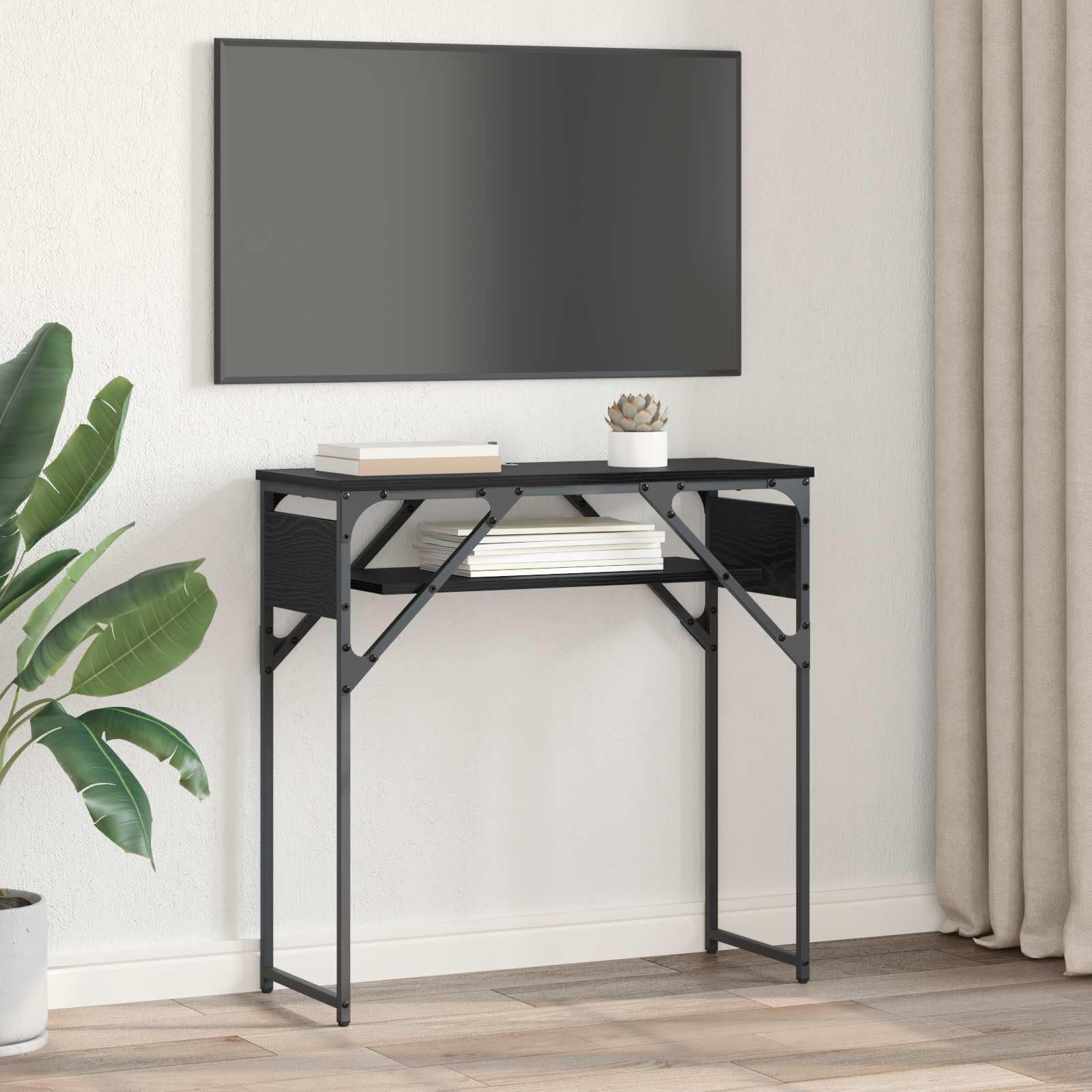 Tavolo consolle nero effetto rovere, 75 x 30 x 75 cm, in legno con 2 ripiani, capienza, durevole, ideale per ufficio, casa, gaming e studio, design industriale moderno