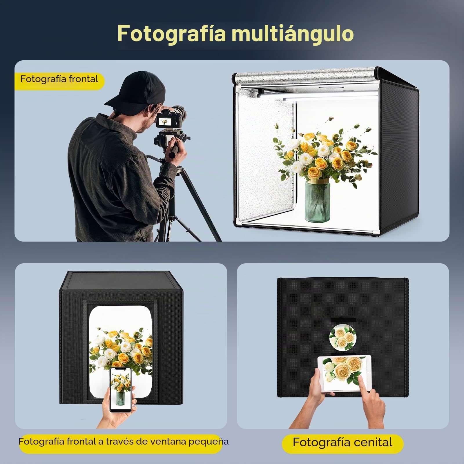 Caja de luz Fotografía 60x60x60CM, Caja de luz para Fotografía con Soporte, Brillo Ajustable 0-100% Estudio Fotográfico Equipada con 126 Cuentas LED Giratorias de 360°