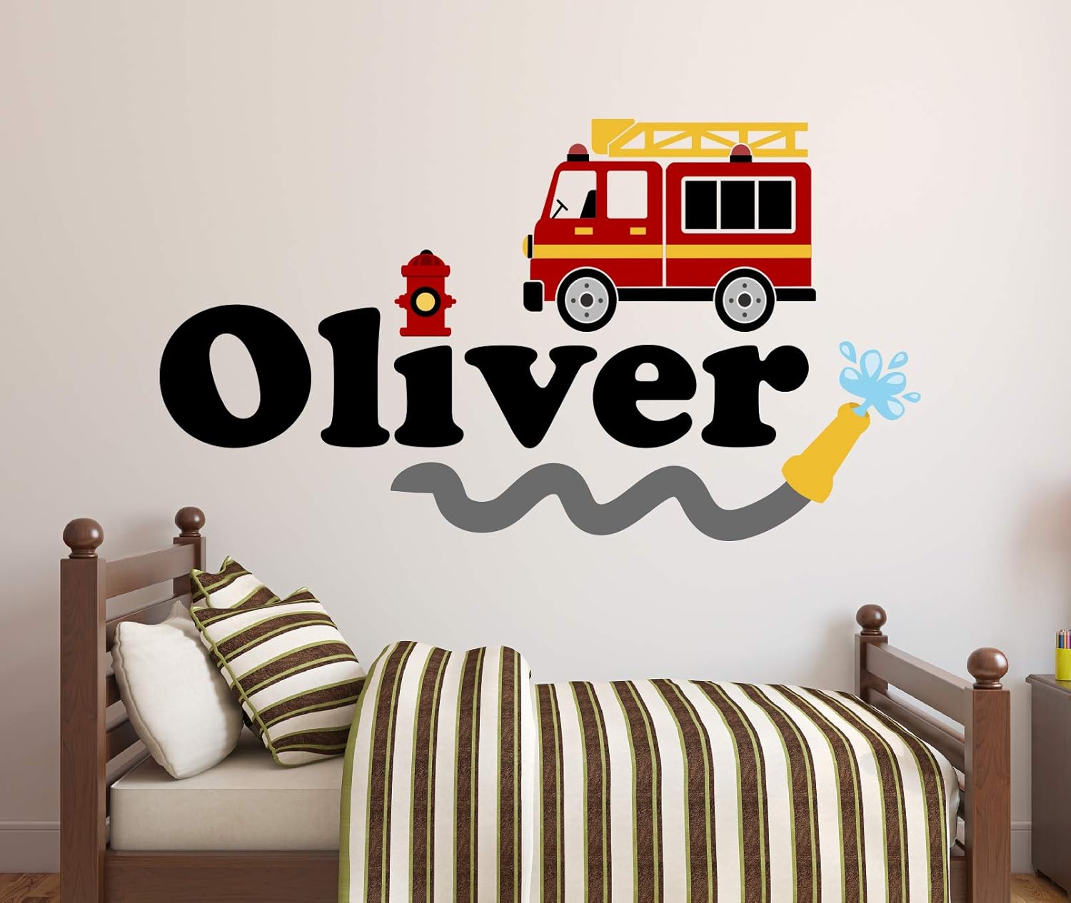 Custom Name Firetruck Wall Decal - Firetruck Wall Decals - Boys Kids Wall Decal - Nursery Wall Decals - Fire Truck Vinyl Wall Art Decor Sticker (38"W x 22"H)