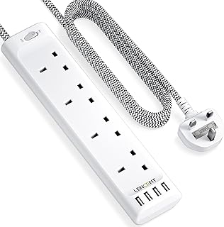 LENCENT Extension Lead with USB Slots, 4 Way Outlets Power Strip with 4 USB Ports, Multi Power Plug Extension with 1.8M Braided Extension Cord for Home Office, 3250W 13A