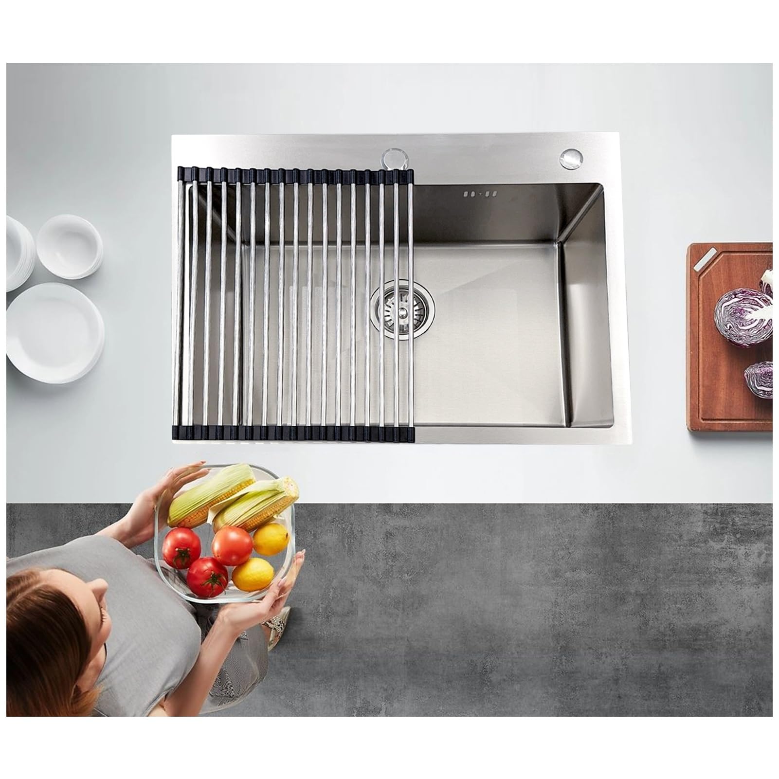 Lavello Da Cucina In Acciaio Inossidabile, Lavello Piccolo A Una Vasca, Lavello Compatto Da Bar Con Montaggio Superiore, Lavello Di Servizio, Con Foro Per Rubinetto, Scolapiatti(Silver,60x45cm)