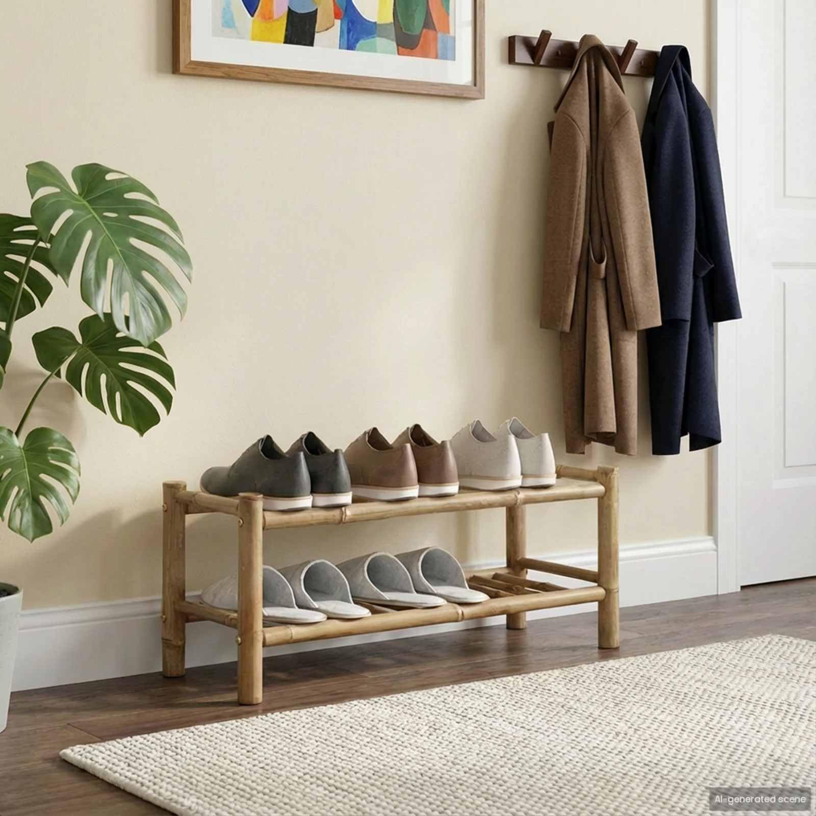 Schuhregal mit Regal mit Speicher Natur 68 x 28 x 30 cm Bambus Schuhaufbewahrung, Schuh-Organizer, platzsparend für Eingangsbereich Flur