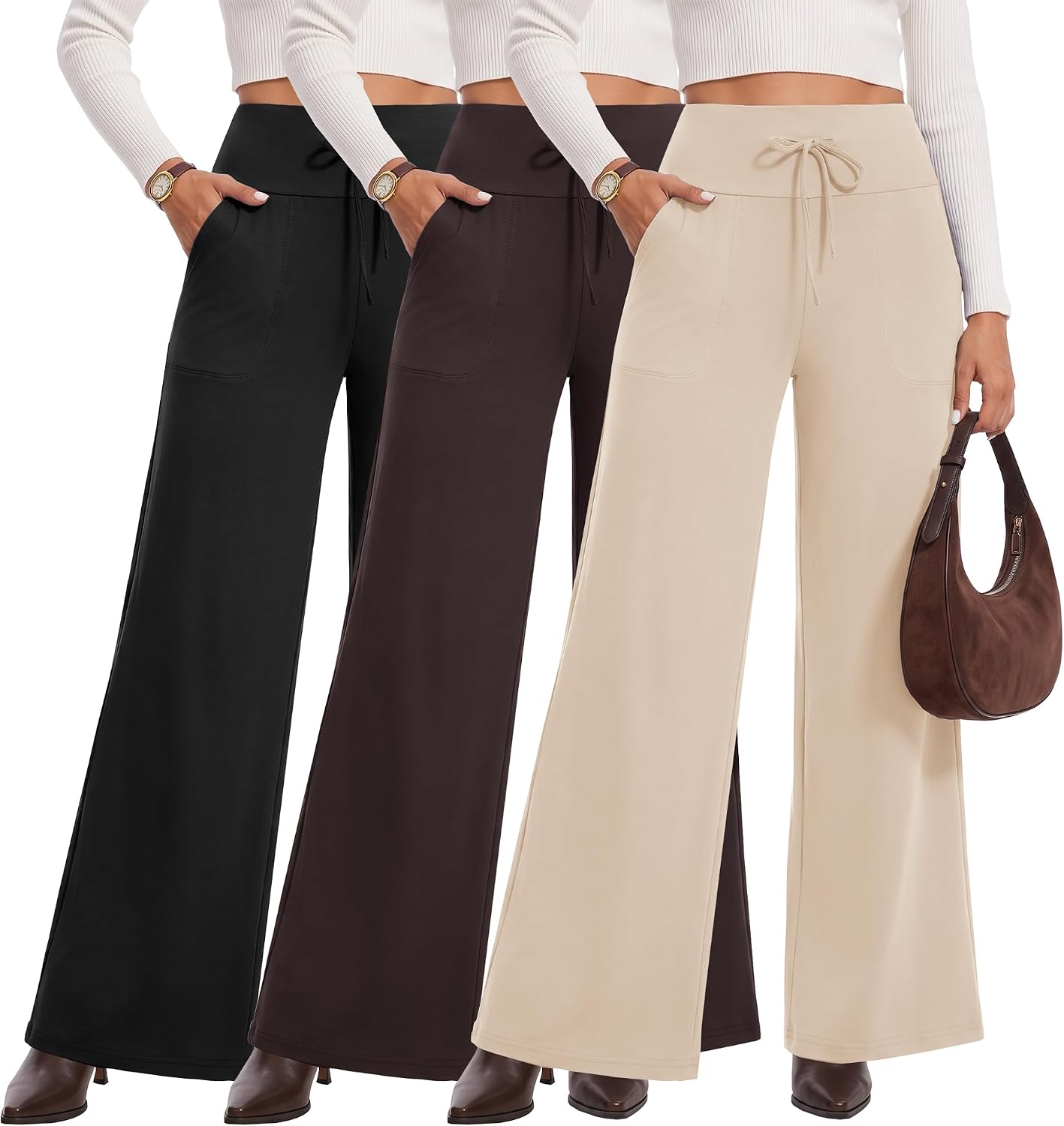 Wide Leg Pants for Women - 3 Pack Casual Pants for Women with Pockets