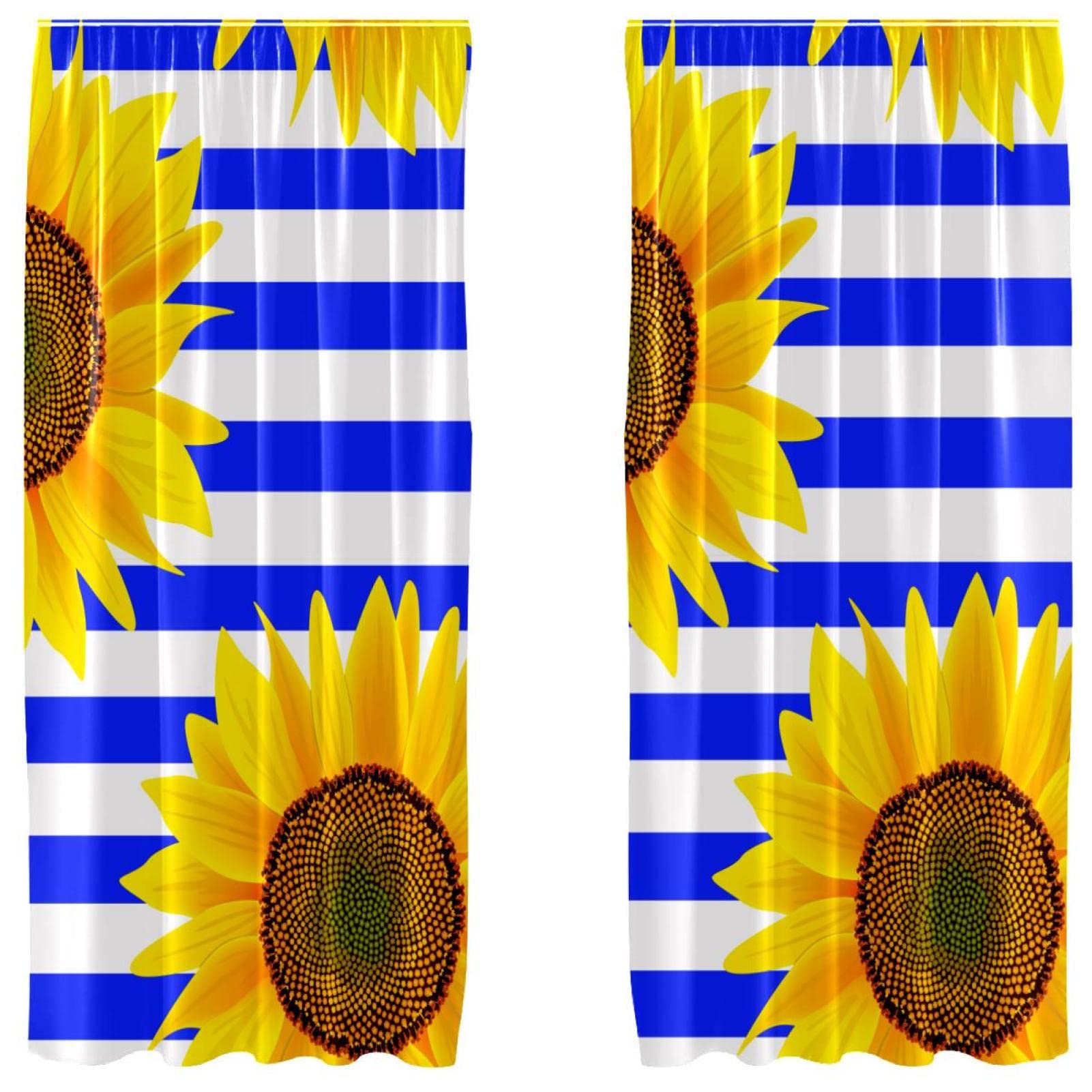 Cortinas de girasoles y rayas azules de 55 x 84 pulgadas con acabado premium