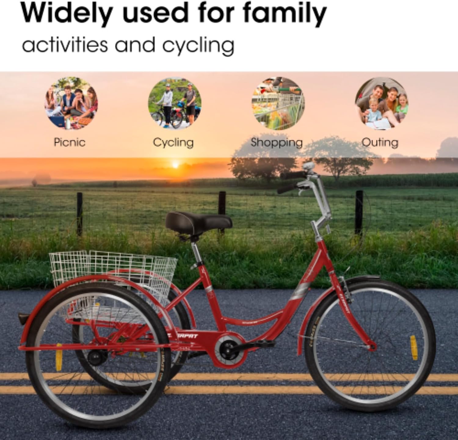 Tricycle, Adult Tricycle, 24" Tricycle with Shopping Basket, 350 Lb Capacity, Easy to Install, Suitable for Seniors, Women and Men