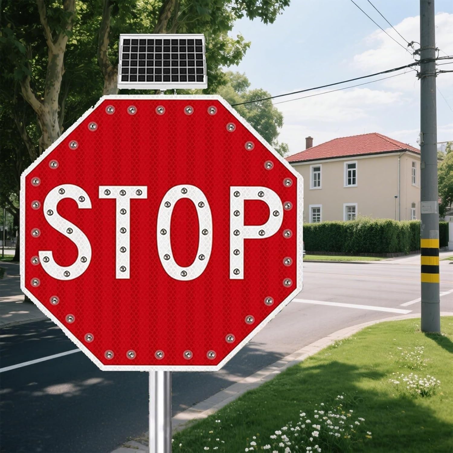 Solar LED Stop Sign 24"/30" - Bright Red Octagon with Flashing Lights & Reflective Film for Driveway & Road Safety - Engineering-Grade Traffic Signal (24IN)